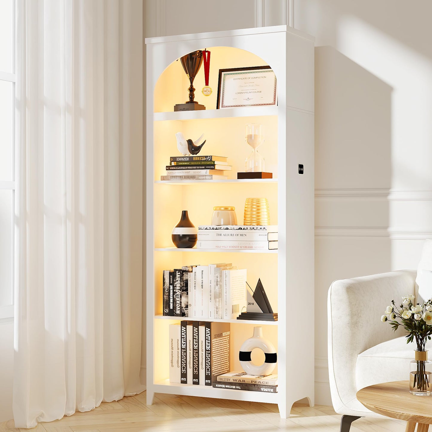 FREDEES Arched Bookcase with LED Lights, 175CM Tall, White