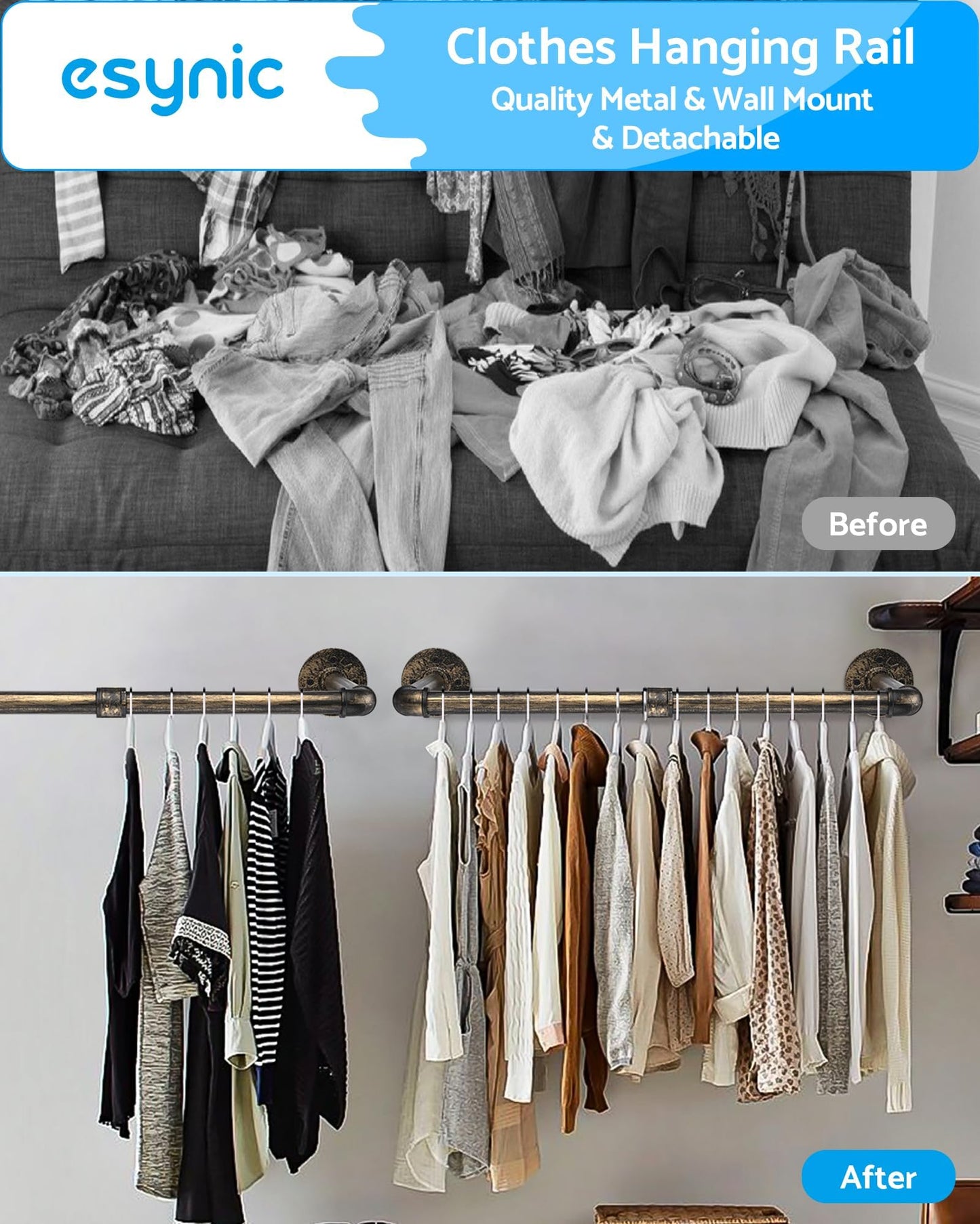 eSynic 2 Pack Wall Clothes Rail 60cm Clothes Rack Wall Mounted Copper Retro Industrial Pipe Clothes Rail Heavy Duty Metal Garment Rail Hanging Bar