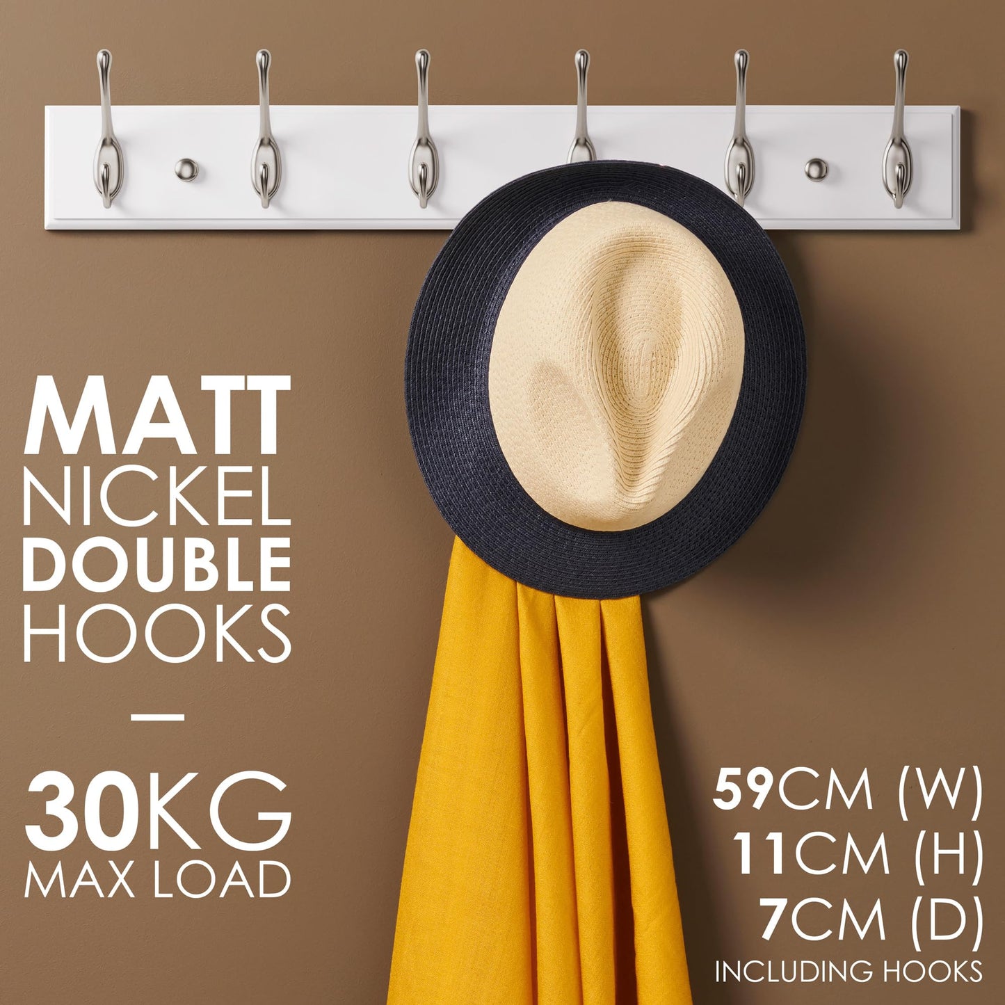 LARHN White Wall-Mounted Coat Rack - 6 Matt-Nickel Coat Hooks, 59cm