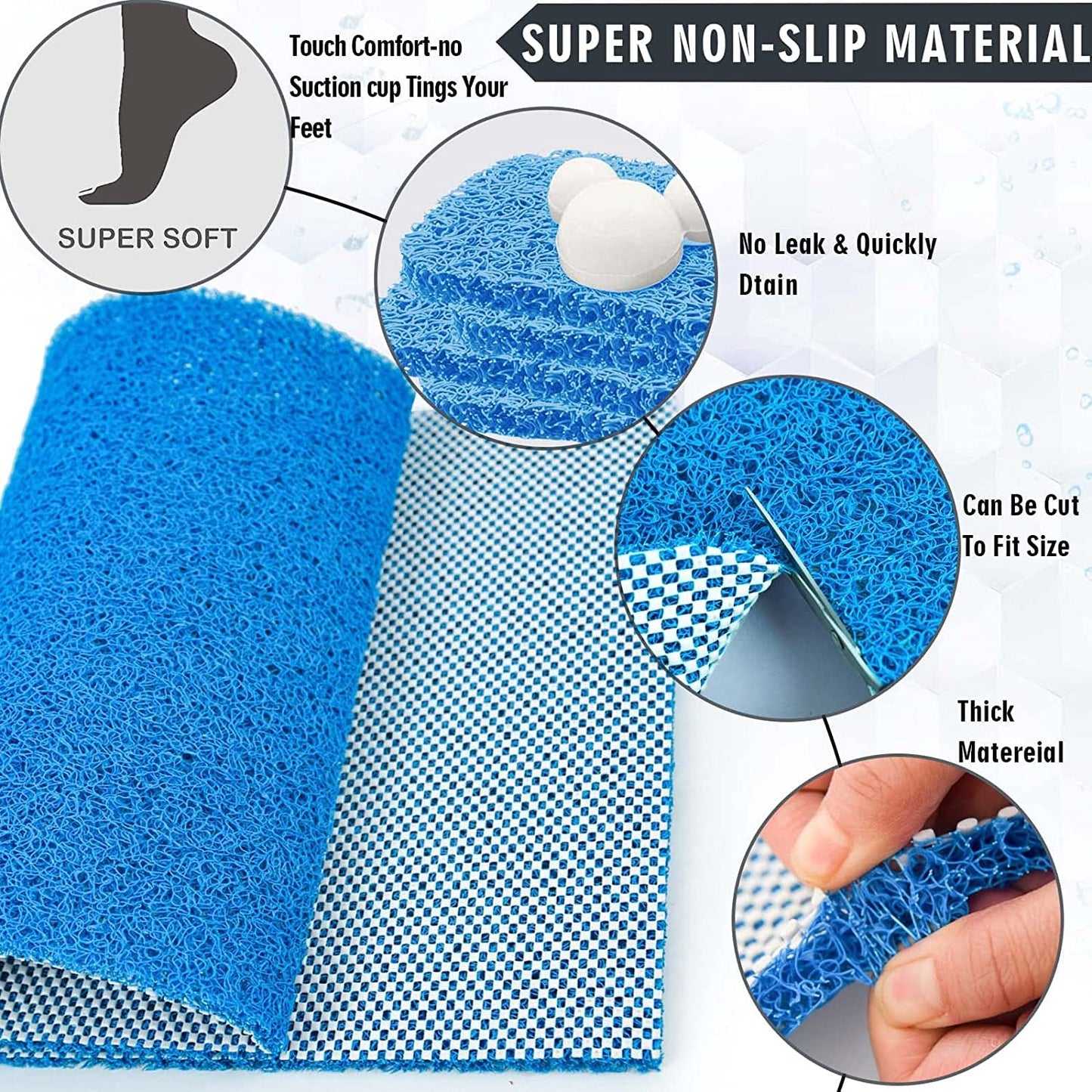 Bingobang Bath Mats Non Slip,Shower Mat Rubber 100x40cm,Extra Soft Anti-Mould, Machine-Washable,For Bathroom Floor,Bathtub(Blue)