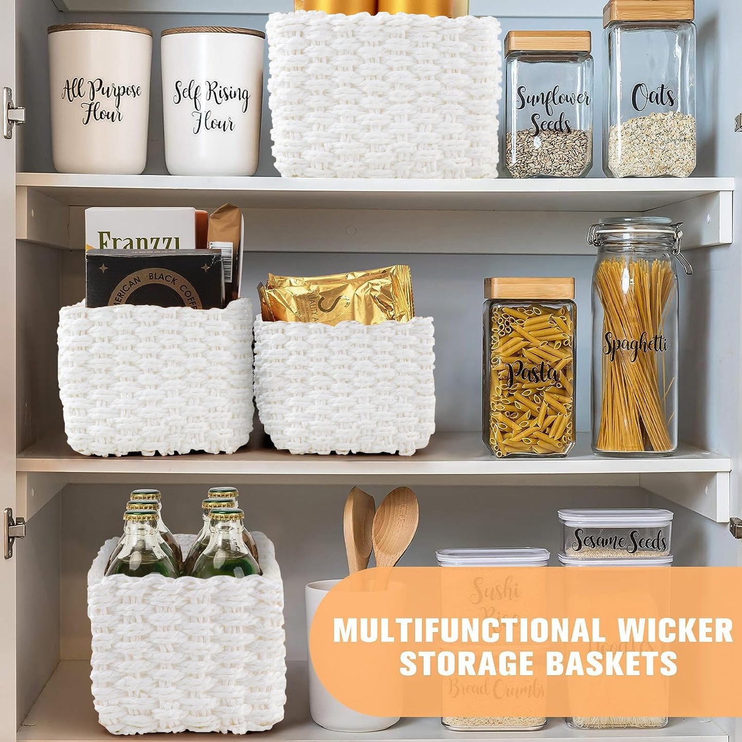 Wicker Basket, Revivoer Set of 4 Small Wicker Hamper for Gifts, Multifunctional Storage Baskets Empty for Bedroom Home Office (Blanc)