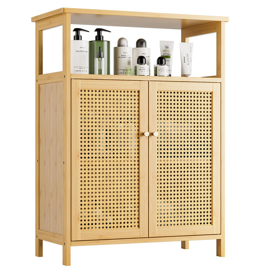 vovala Bathroom Floor Stand Cabinet, Bamboo Storage Organizer Table with 2 Rattan Doors and 1 Shelf, Wooden Side Cupboard for Hallway, Laundry,