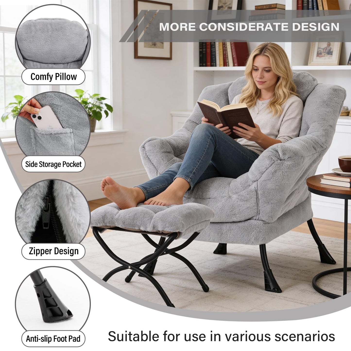 YOTATING Comfy Armchair with Footstool, Lazy Chair with Ottoman Leisure Accent Chair Relax Lounge Chair with Armrests & Side Pocket for Living Room