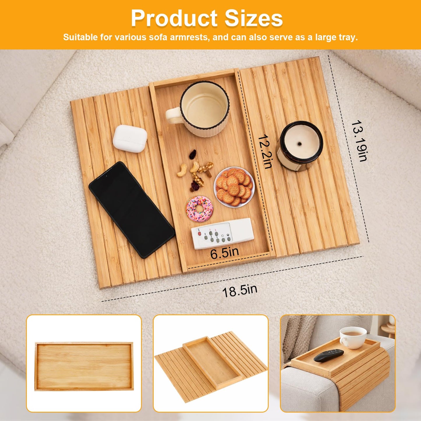 Sythrix Bamboo Sofa Arm Tray, Foldable Couch Armchair Tray, Sofa Arm Table, Sofa Armrest Tray