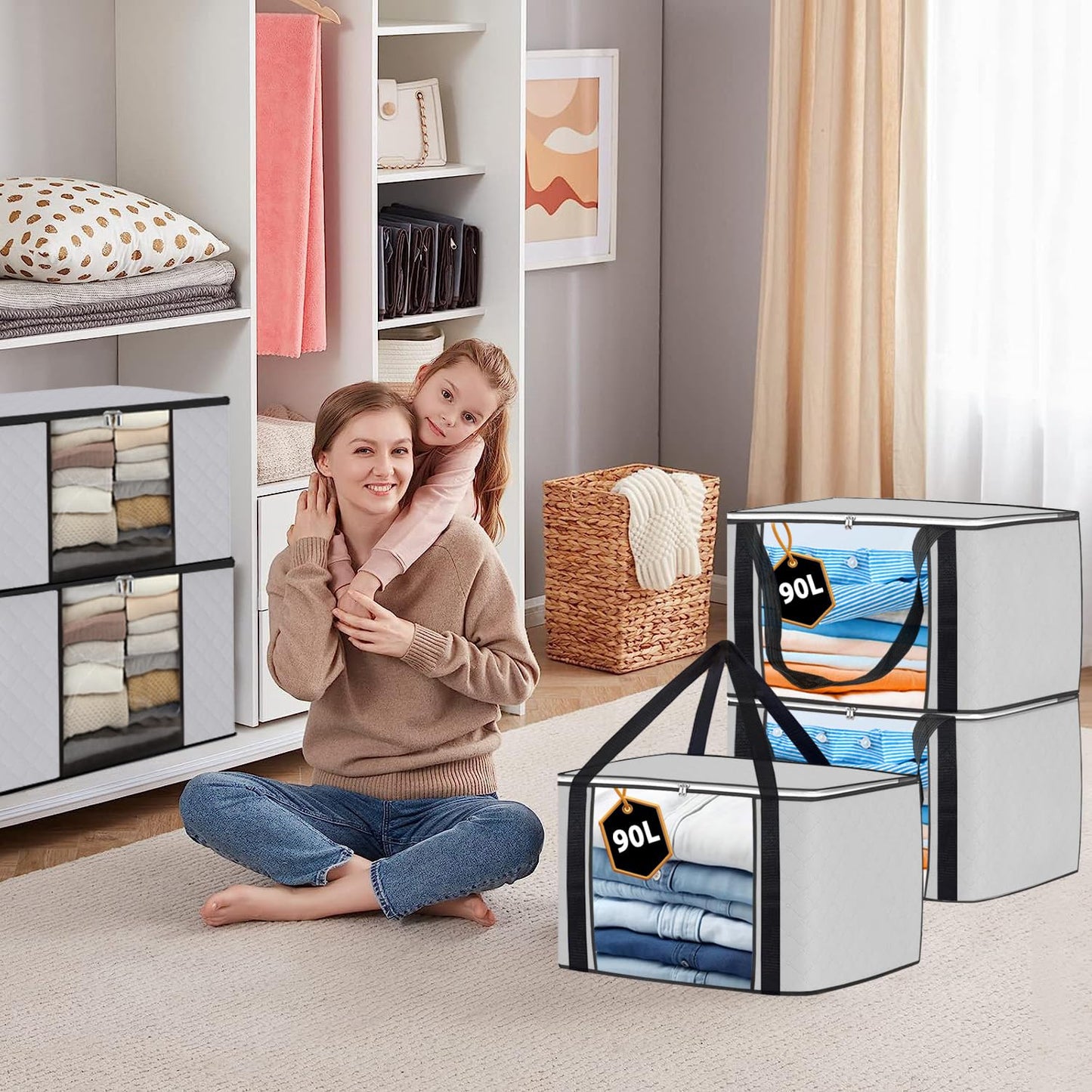 KURNI Storage Bags | Clothes Organizer Boxes, Foldable 6 Pack White, 90L Capacity, 3 Sided Zipper Moving Large Bag. Dust & Moisture Proof