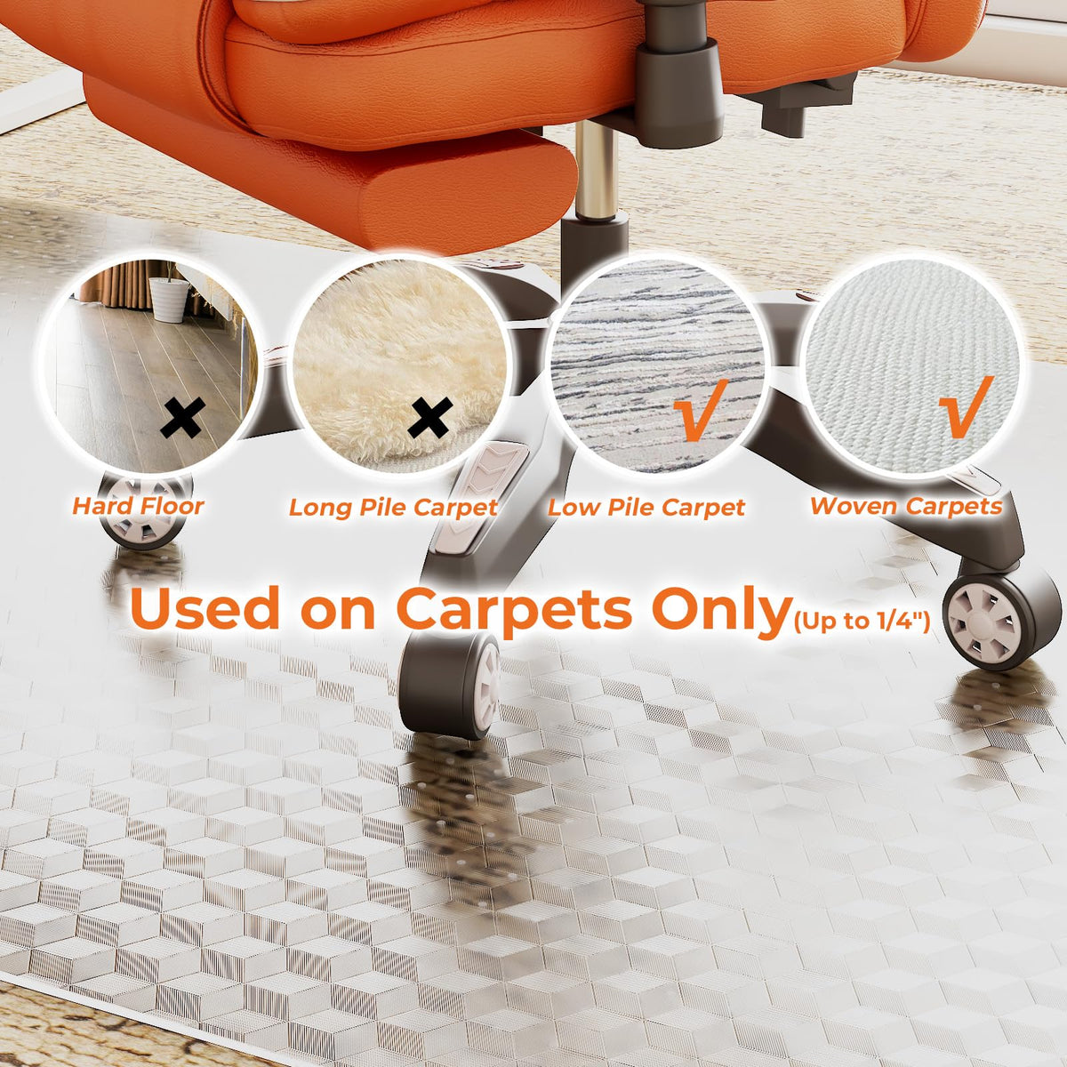Office Chair Mat for Carpeted Floors, 120 x 75 cm Desk Chair Mat for Rolling Chairs on Low Pile Carpets, Easy Glide Floor Mat for Home, Gaming