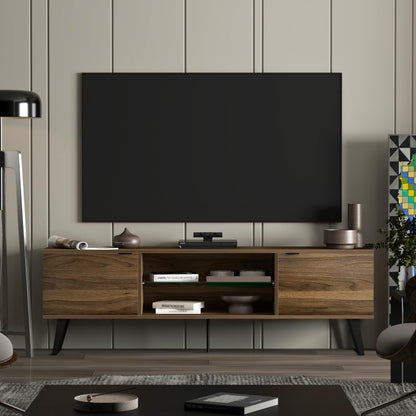Uniqtrio TV Stand Cabinet | Walnut TV Unit with Glass Shelf | TV Cabinet | TV Stand Unit | TV Units for Living Room | TV Table |Soft Closing Hinges