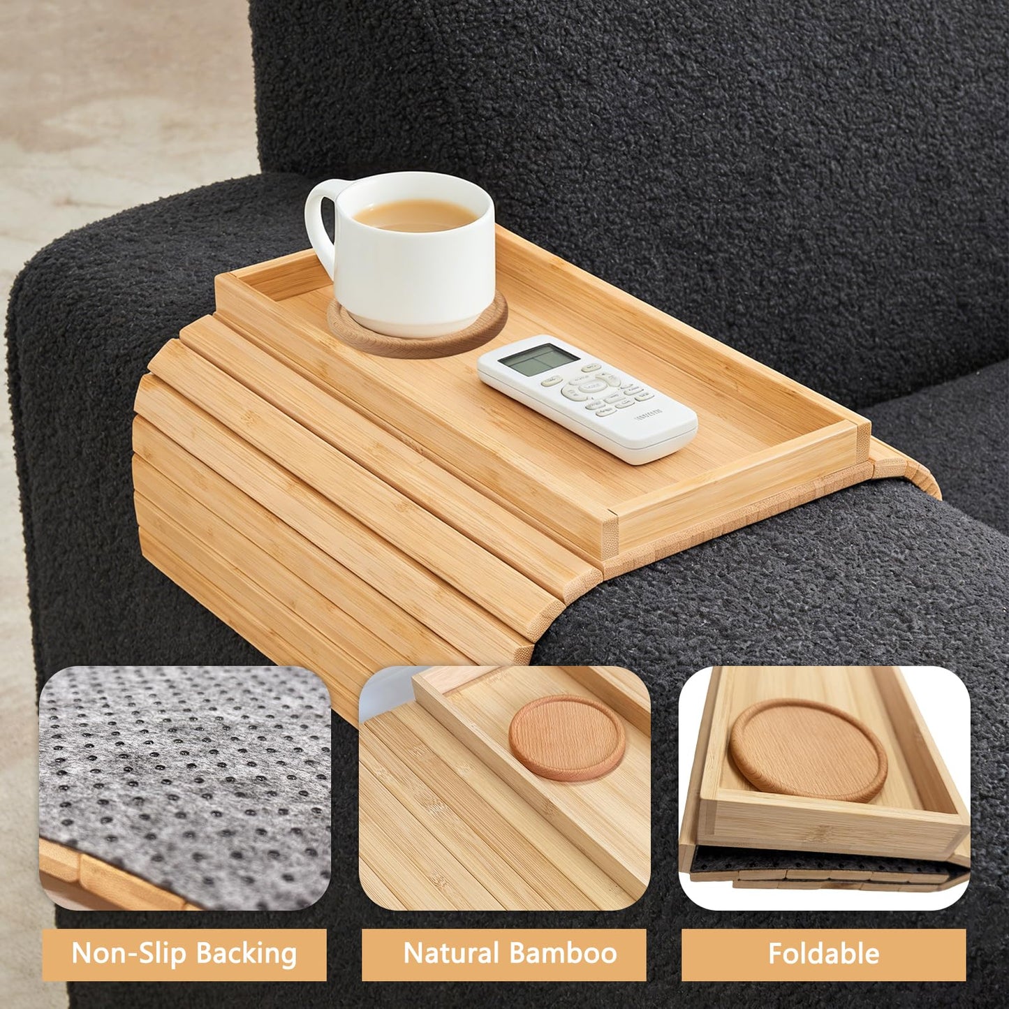 Solid Wood Armrest Tray, Space-Saving Table for Snacks & Drinks, Non-Slip Grooves, Includes 1 Wooden Coaster, Sofa Armrest Organizer