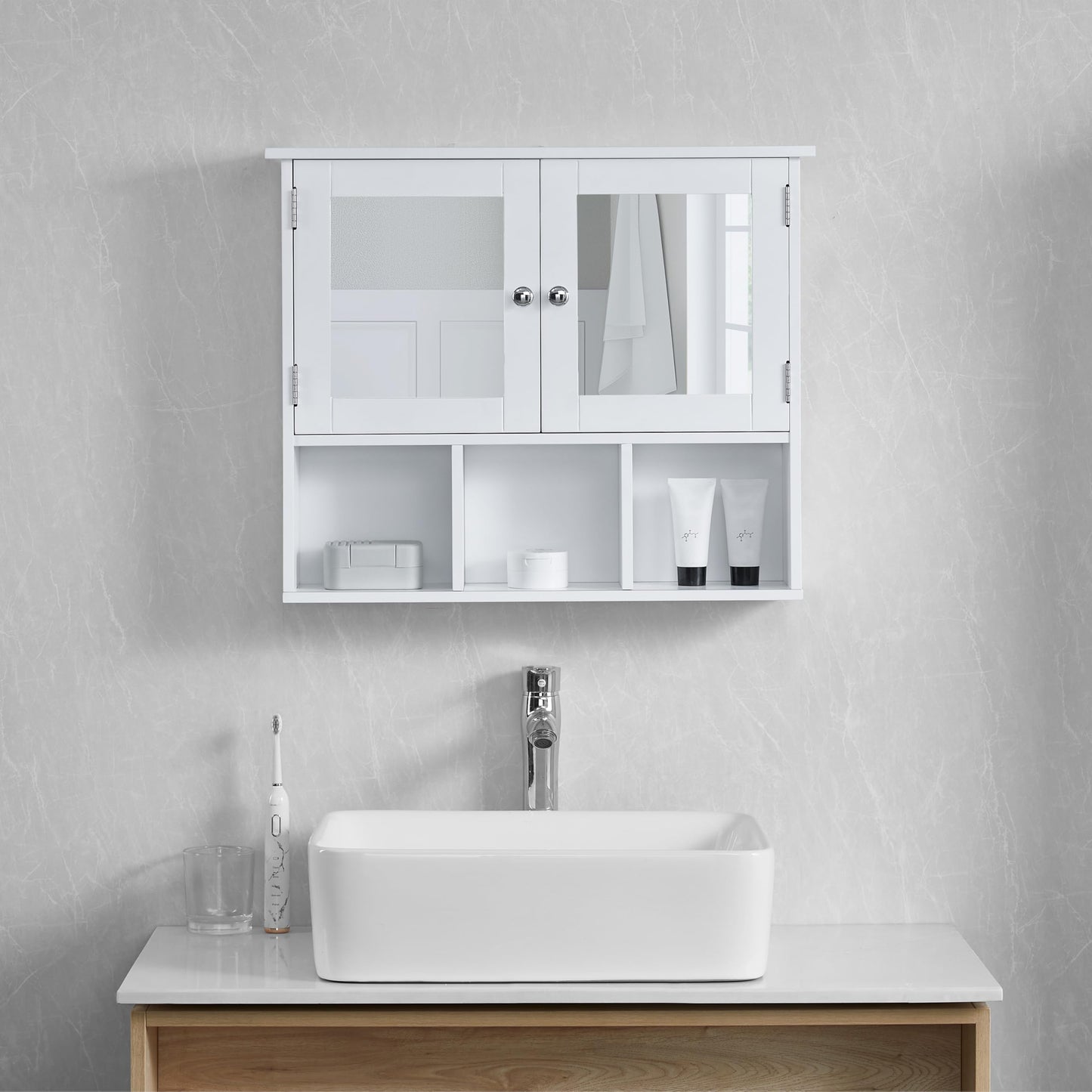 Bath Vida Priano Double Door Mirrored Bathroom Cabinet Storage Shelves Wall Mounted, White