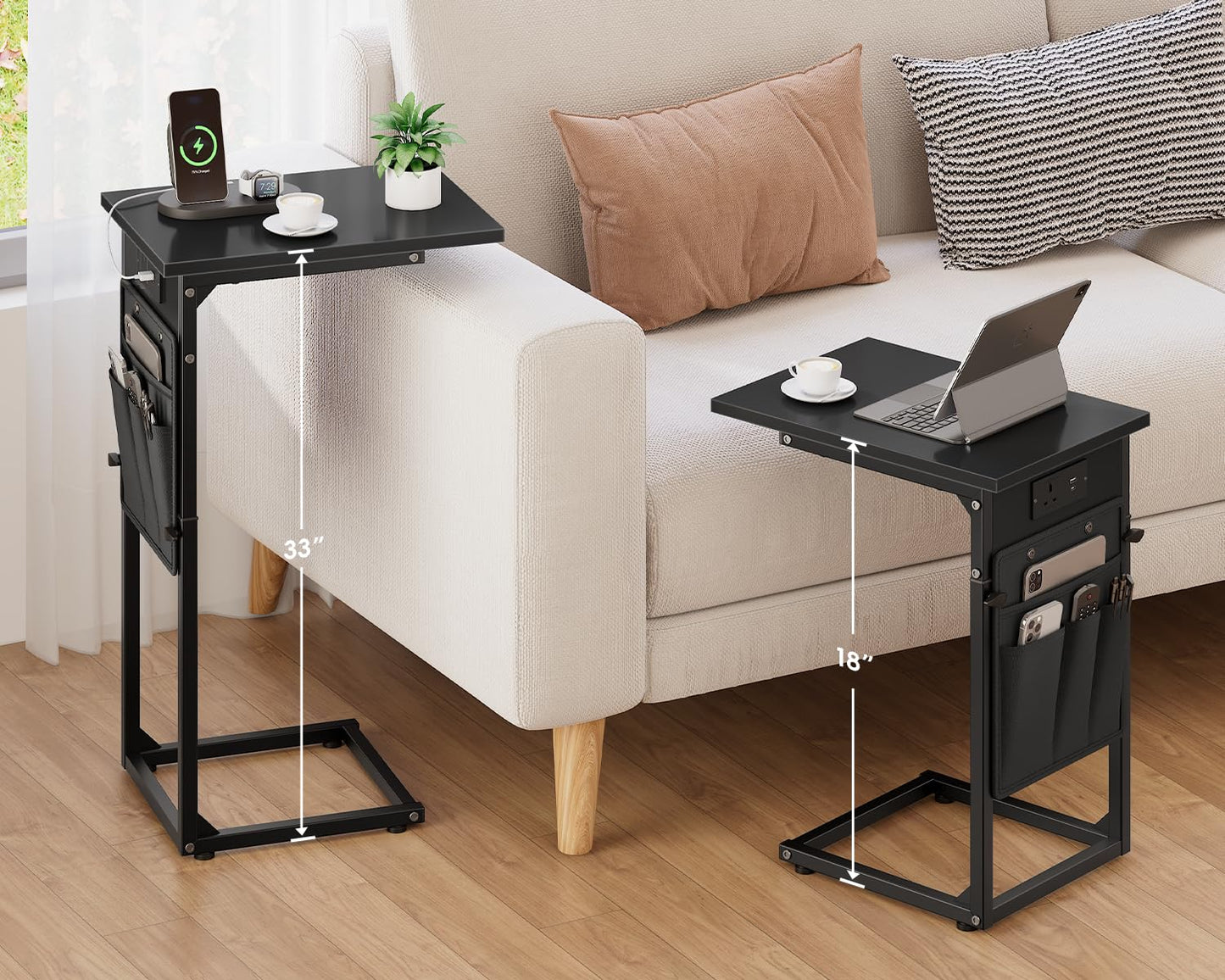 Vagusicc C-Shaped Side Table with Charging Station, Height Adjustable Sofa Side Table, Bedside Table, End Table for Small Spaces