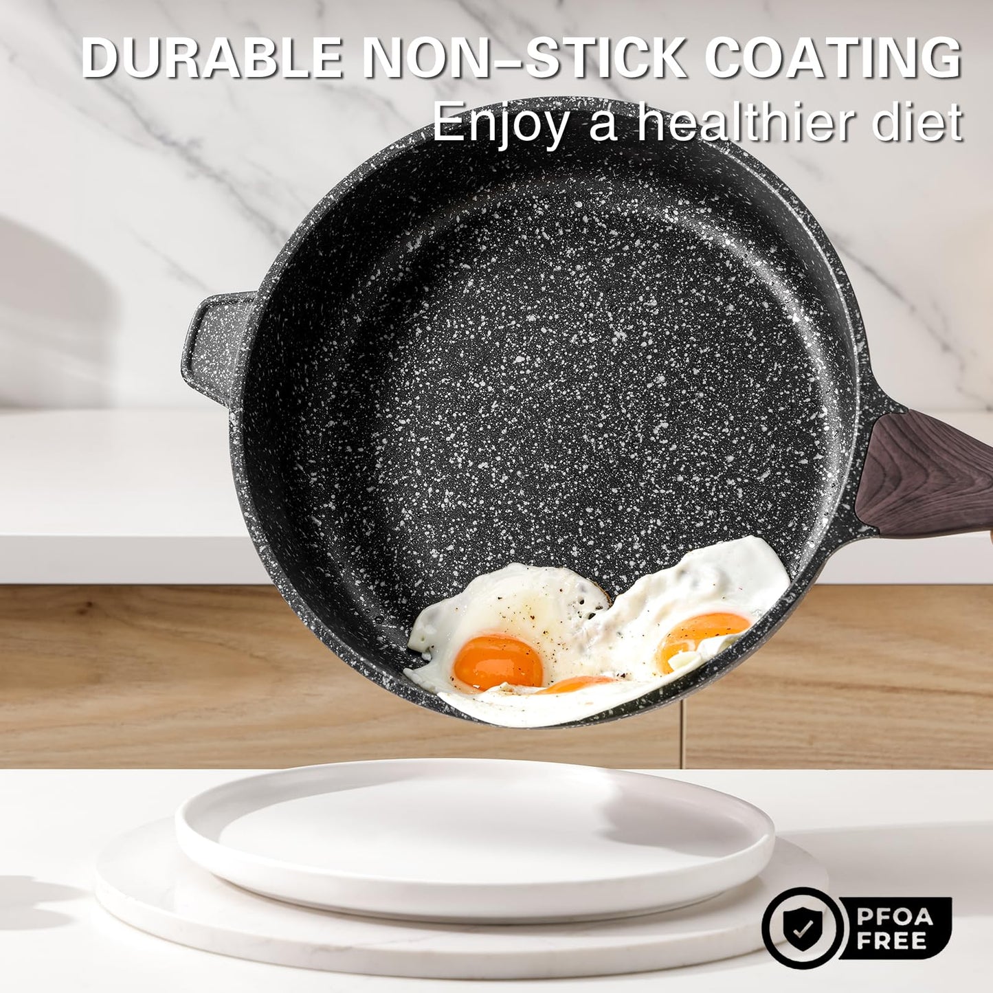 Kordisen Nonstick Deep Frying Pan with Lid, 28 cm/4.9 L Large Skillet, Granite Stone Saute Pan for Cooking, Induction Cookware, Compatible with All