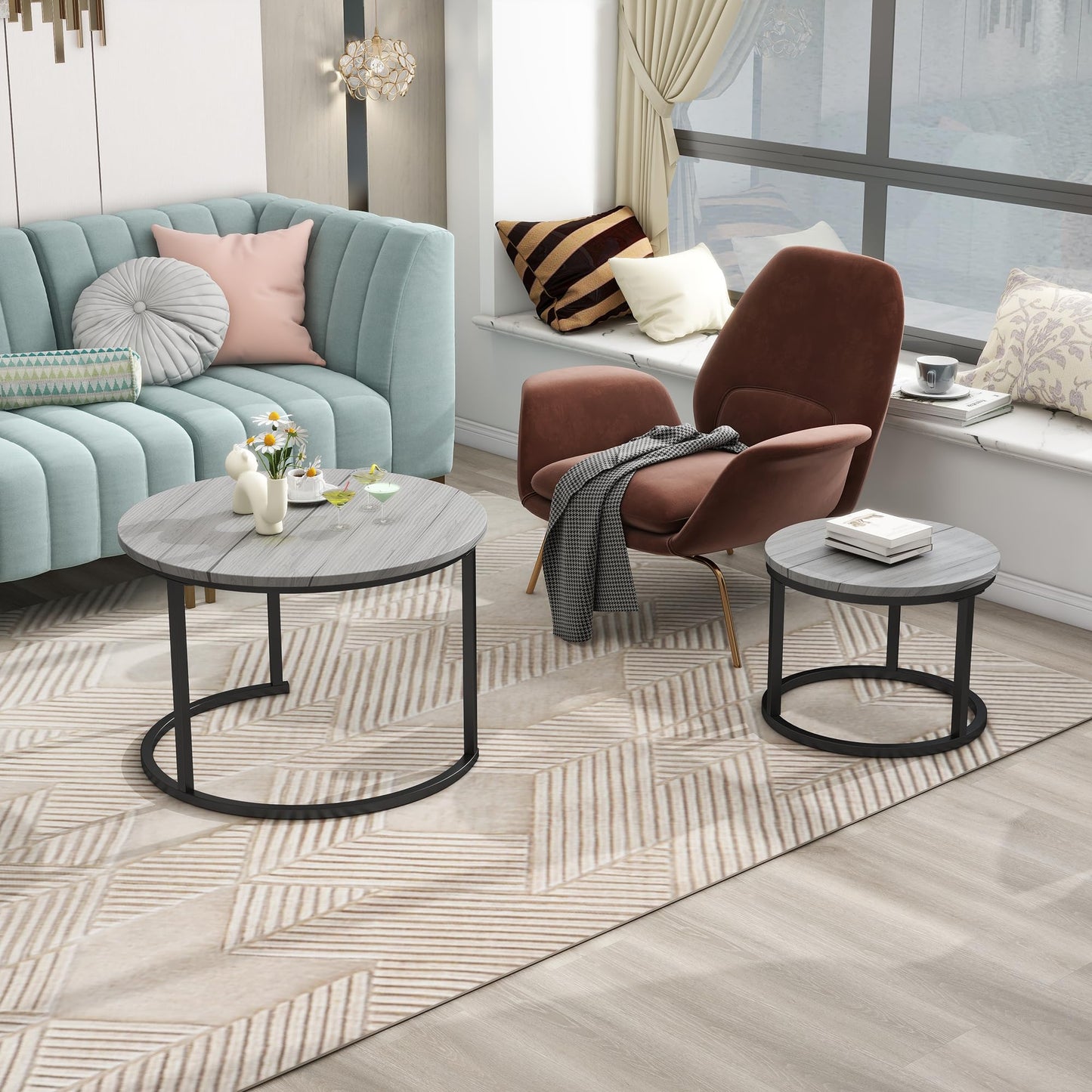 DUMEE Round Coffee Table, Set of 2 Nesting Table Side Table, for Living Room/Bedroom/Balcony (Grey, Dia 60/40cm)