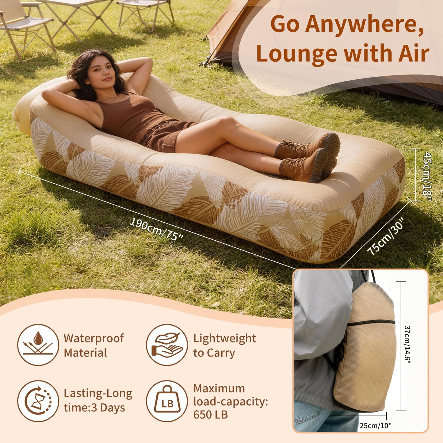 nnOuOnn Inflatable Lounger Couch Hammock - Portable Air Sofa for Outdoor Indoor, Waterproof Blow Up Chair seat for Beach, Camping, Travel, Festival