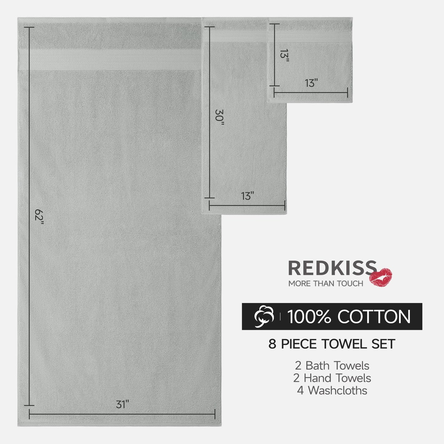 REDKISS 8 Piece Grey Towels Set with Hanging Loop-Quick Drying & Soft