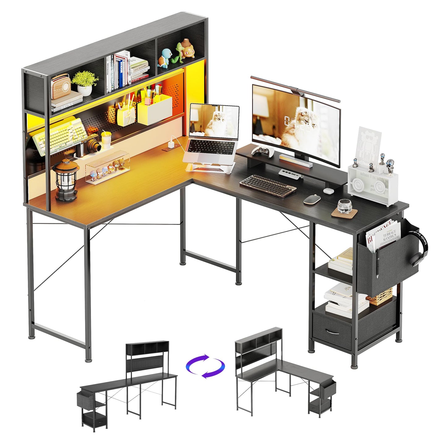 CAIYUN 148x120cm L-Shaped Corner Gaming Desk, Reversible Computer Workstation with RGB LED Lighting, Charging Socket, Pegboard Organizer