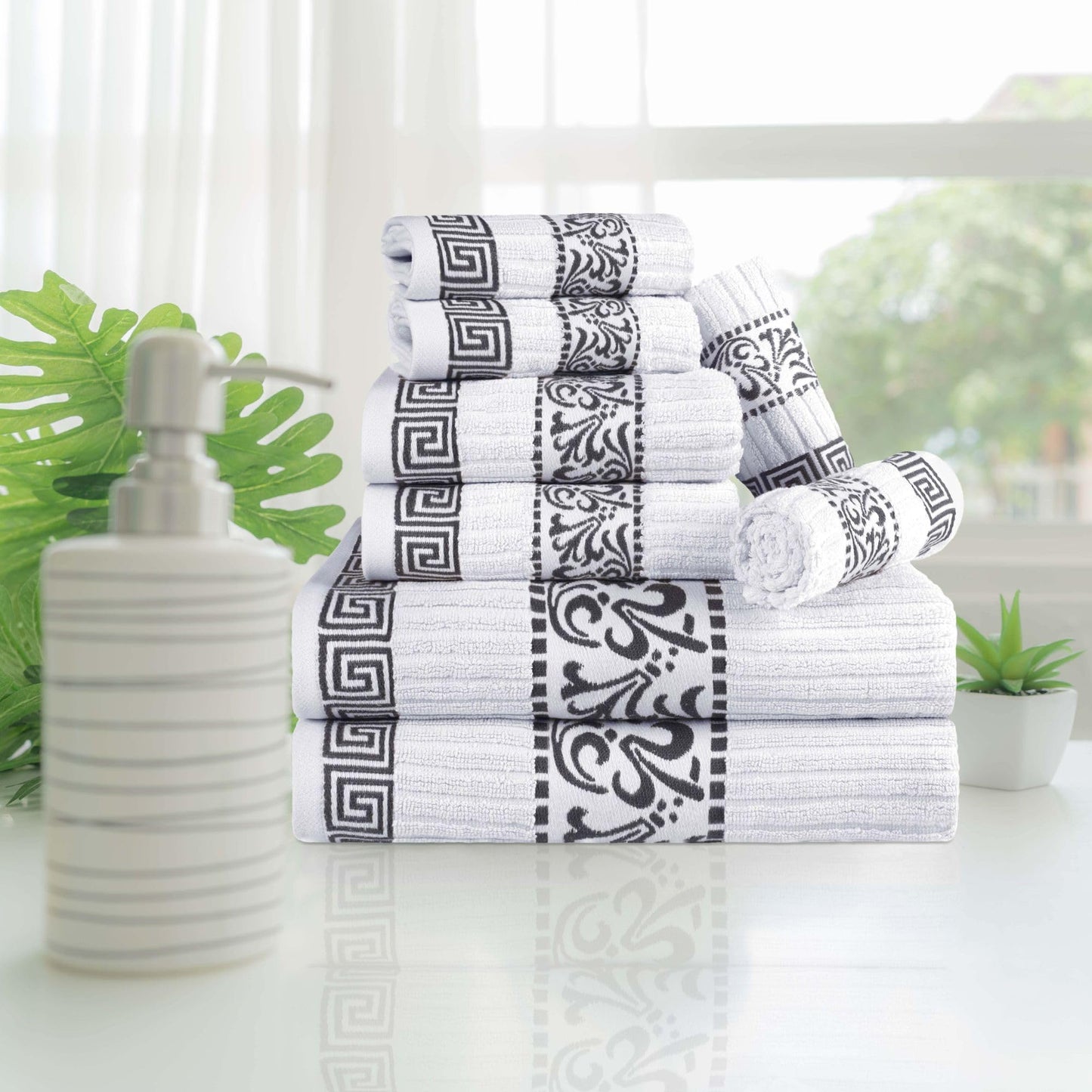 Superior 8-Piece Cotton Towel Set, Decorative Greek Pattern, Home Essentials, Absorbent Towels, Decor for Bathroom, Spa, Includes 2 Hand
