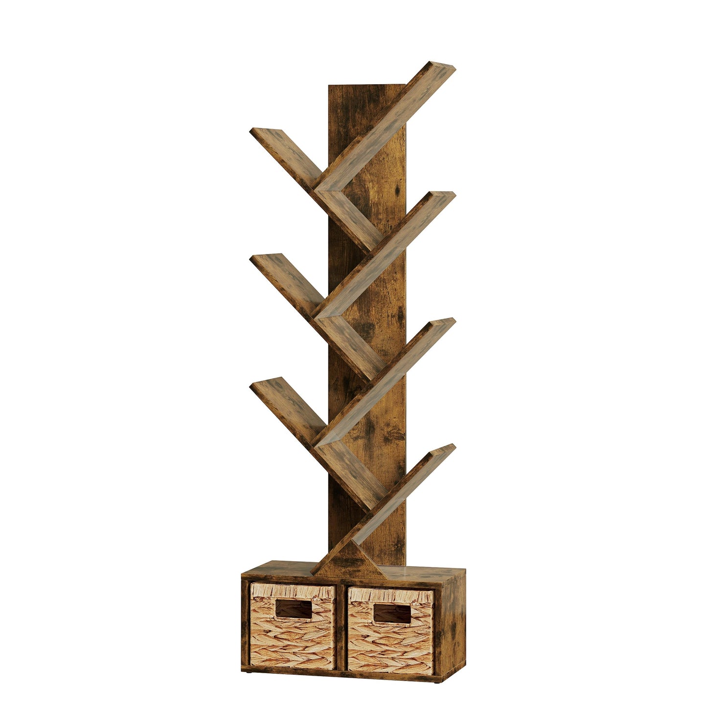 Vagusicc 6 Tier Tree Bookshelf with 2 Storage Baskets, Tall Display Shelf Organizer for Books, Magazines, Home Decor