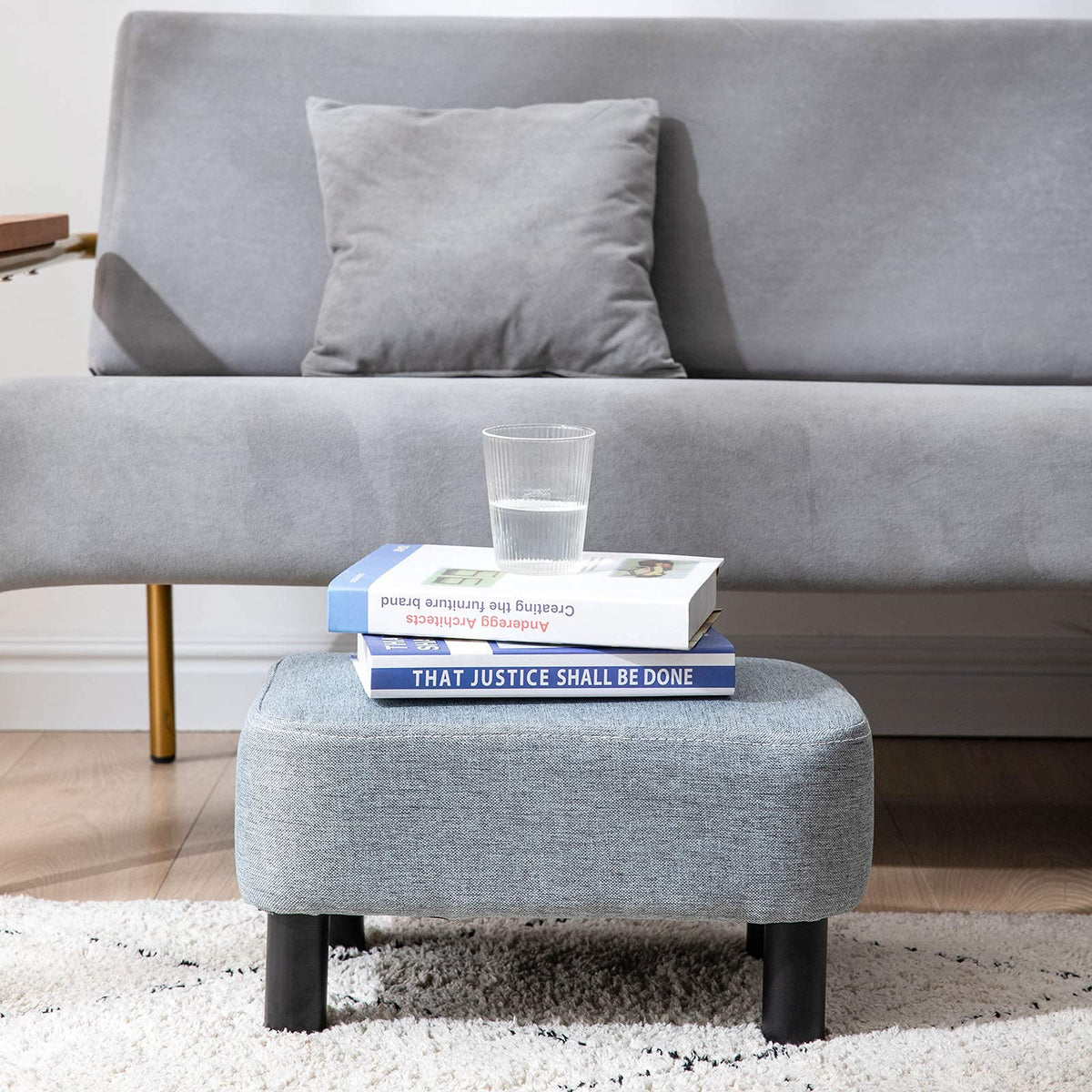YMYNY 42CM Footstool, Rectangle Ottoman with Stable Wooden Legs, Modern Linen Fabric Footrest, Change Shoes Stool for Living Room