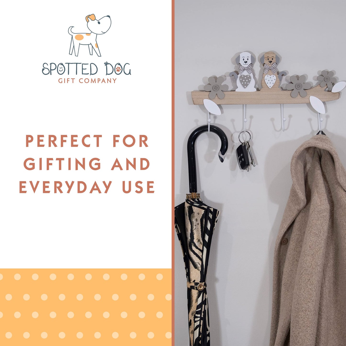 SPOTTED DOG GIFT COMPANY Coat Hooks Wall Mounted Coat Rack, Cute Decorative Wooden 4 Hook Wall Hanger for Clothes Keys Leads