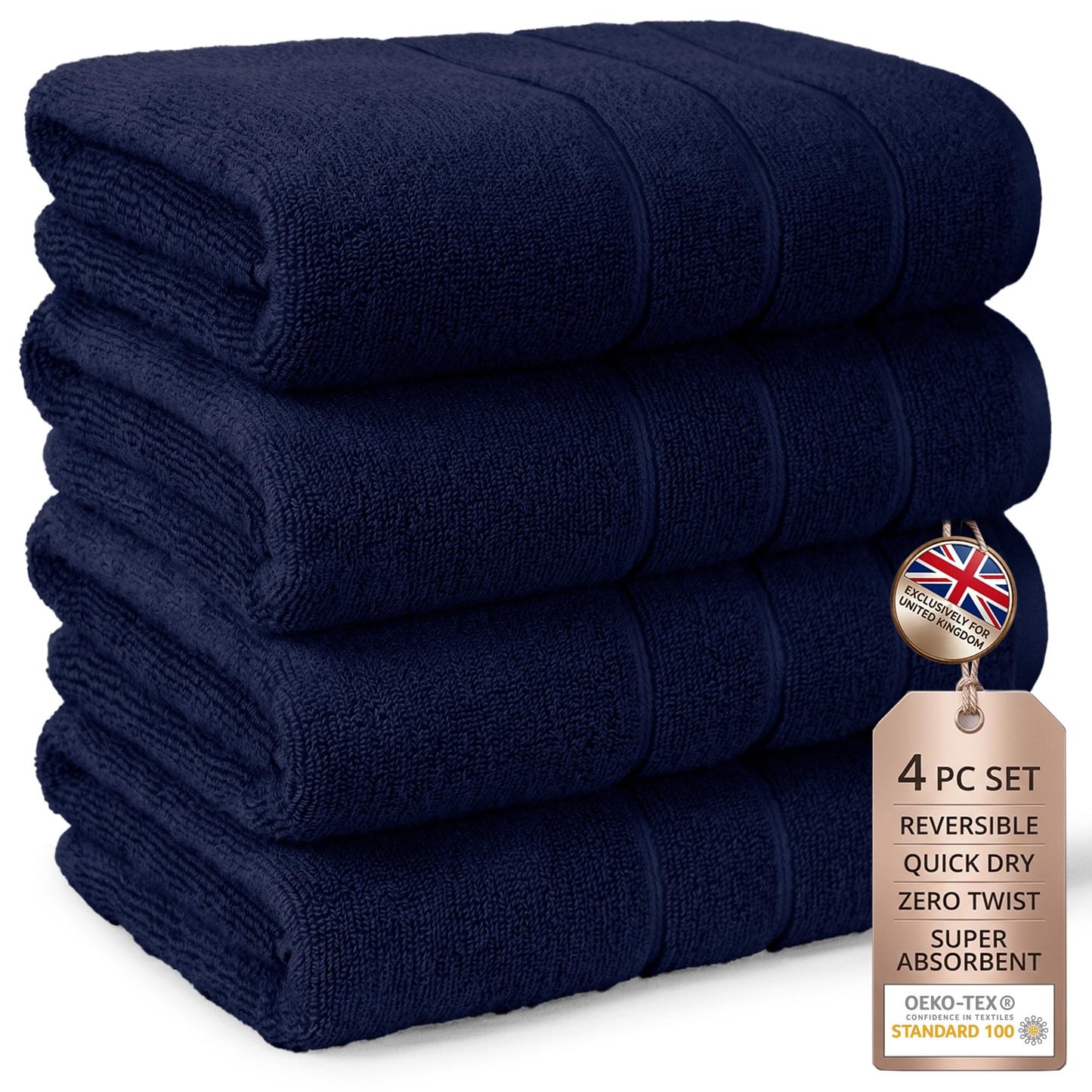 Navy Blue Towels Set of 4 I Zero Twist I Quick Dry I 100% Cotton I Blue