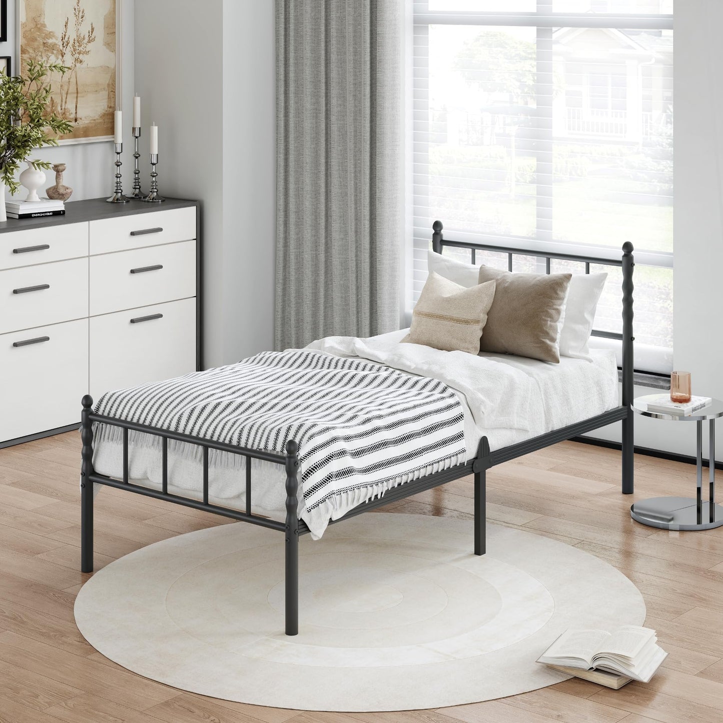 Hunlostten Single Metal Bed Frame - Modern Style Bed Frame with Headboard and Footboard Easy to Install, Noise Free, Sturdy, Black, 35.5 cm High