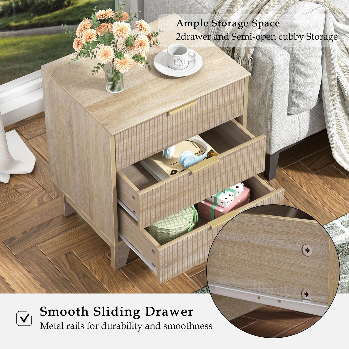 Yvsevnr Fluted Nightstand with 3 Drawers Modern Bedside Tabls with Wood Legs Farmhouse Bed Side Table for bedroom, Living Room
