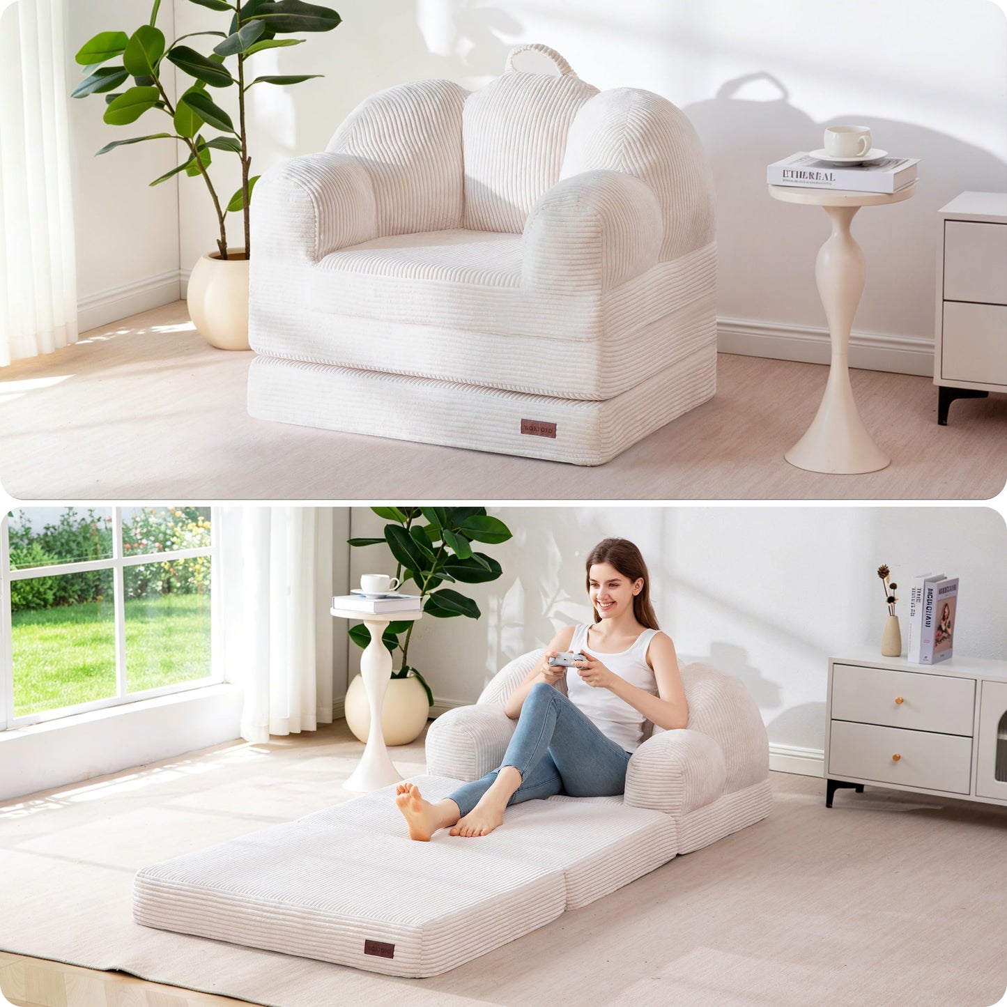 MAXYOYO Folding Sofa Bed with Backrest, Floral Shaped 2 in 1 Convertible Sofa to Comfy Faux Fur Bean Bag Chair for Adults