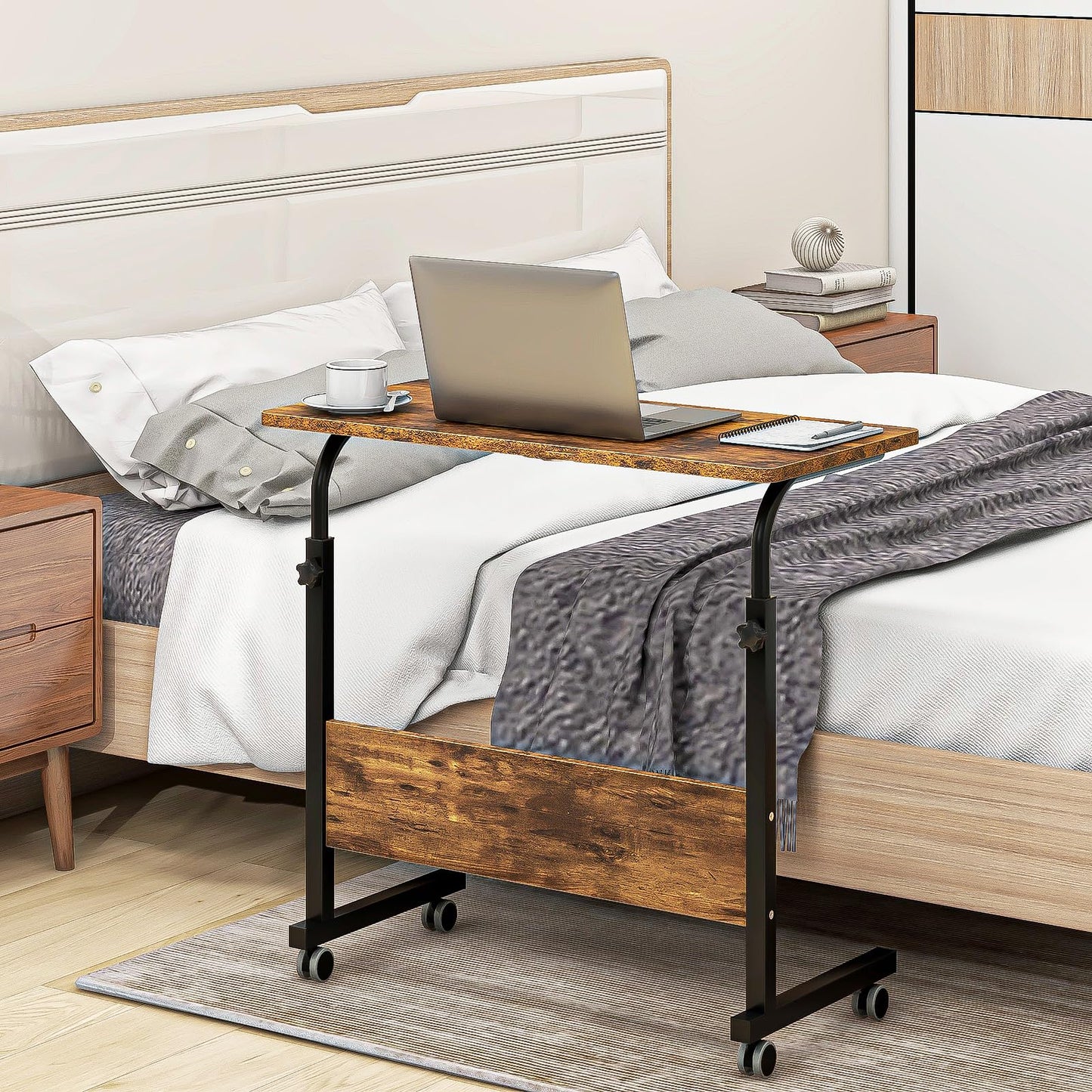 sogesfurniture Height-adjustable laptop table, laptop stand, computer desk with wheels, mobile side table, care table for bed and sofa