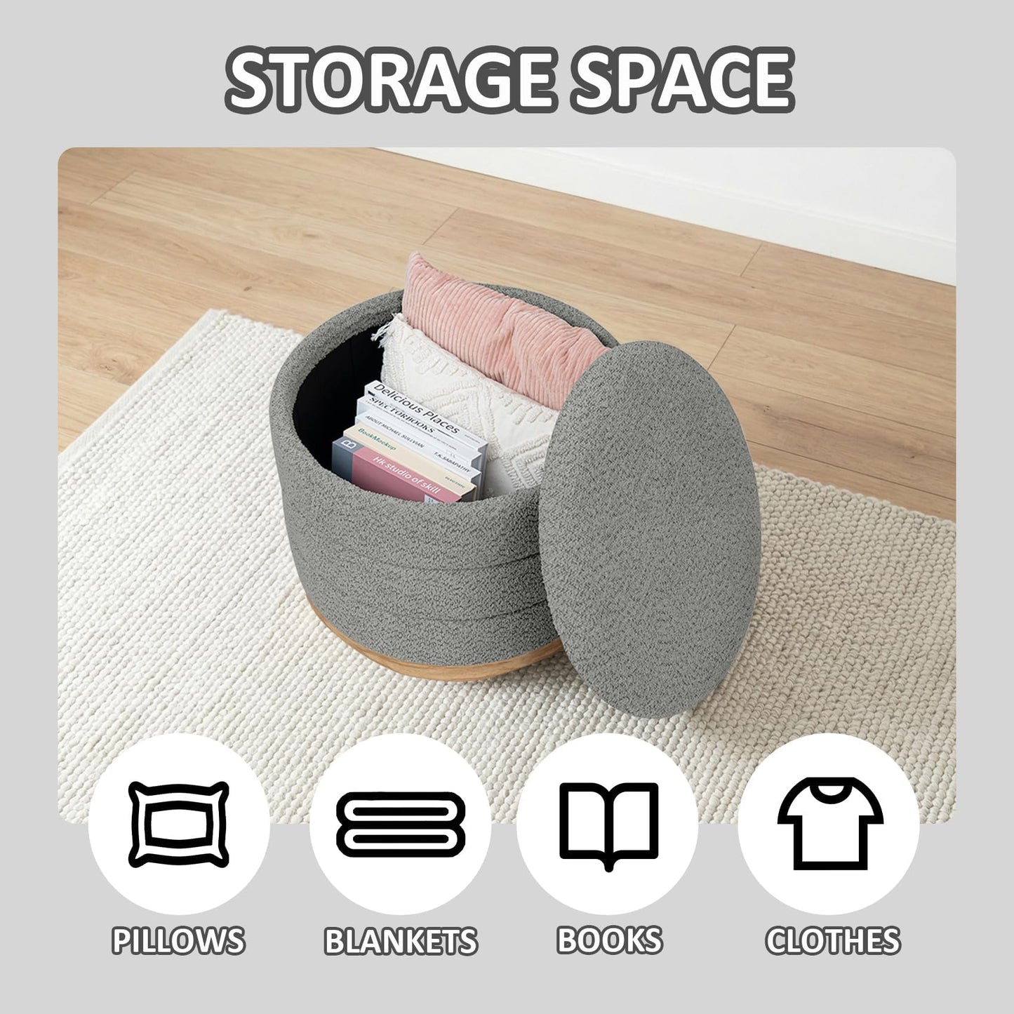 PINPLUS Round Chenille Storage Ottoman, Tray Top, 58x58x44 cm, Grey