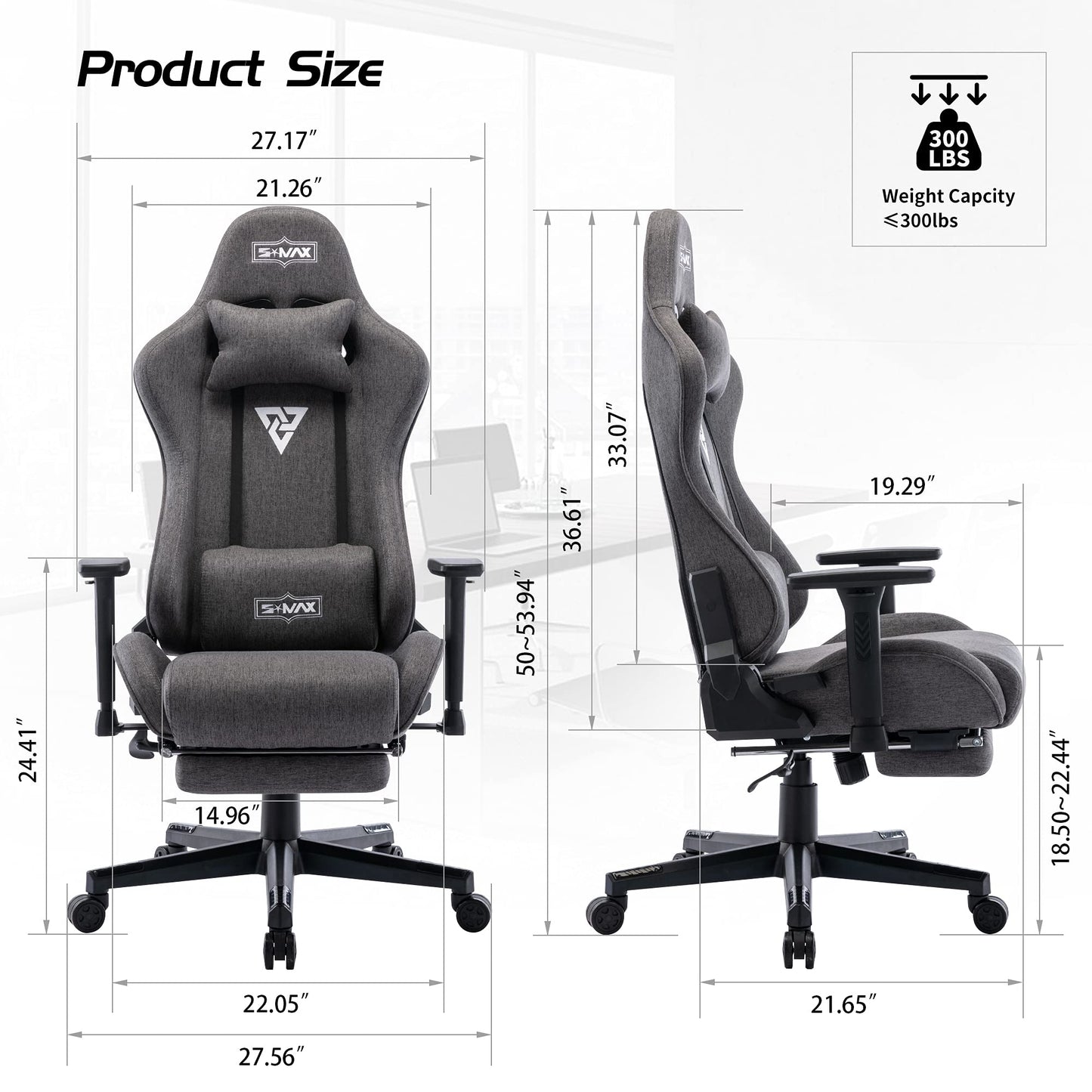 S*MAX Gaming Chair with Footrest Fabric Thicken Seat Ergonomic Gaming Chairs with 3D Armrest Breathable Fabric Headrest Lumbar Support Racing Style