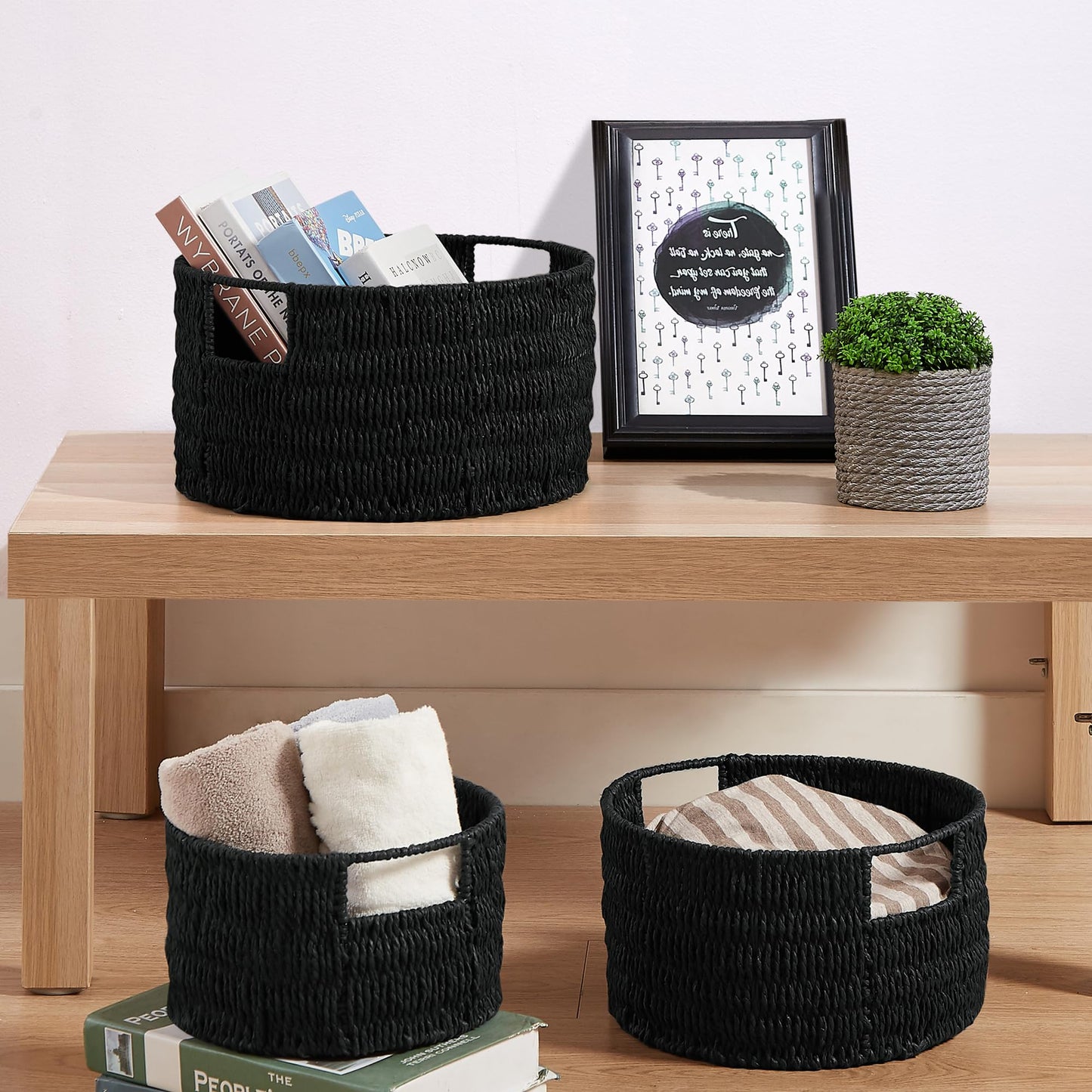Vagusicc Woven Storage Baskets Set of 3, HandWoven Round Wicker Storage Basket with Handles, Natural Wicker Shelf Baskets Organizer