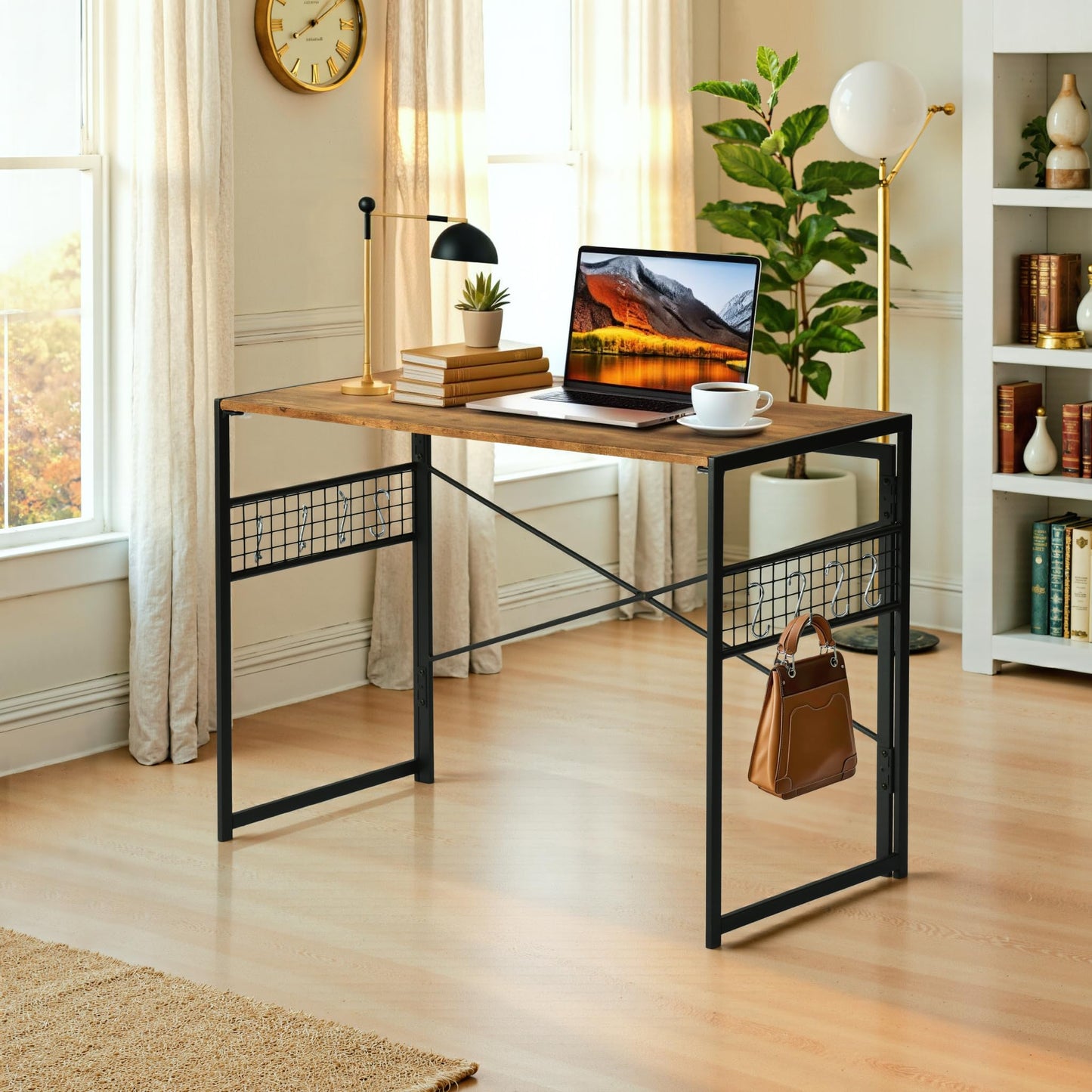 FurnitureR Folding Computer Desk 100x50cm, No-Screw Assembly Home Office Desk with Removable Tabletop