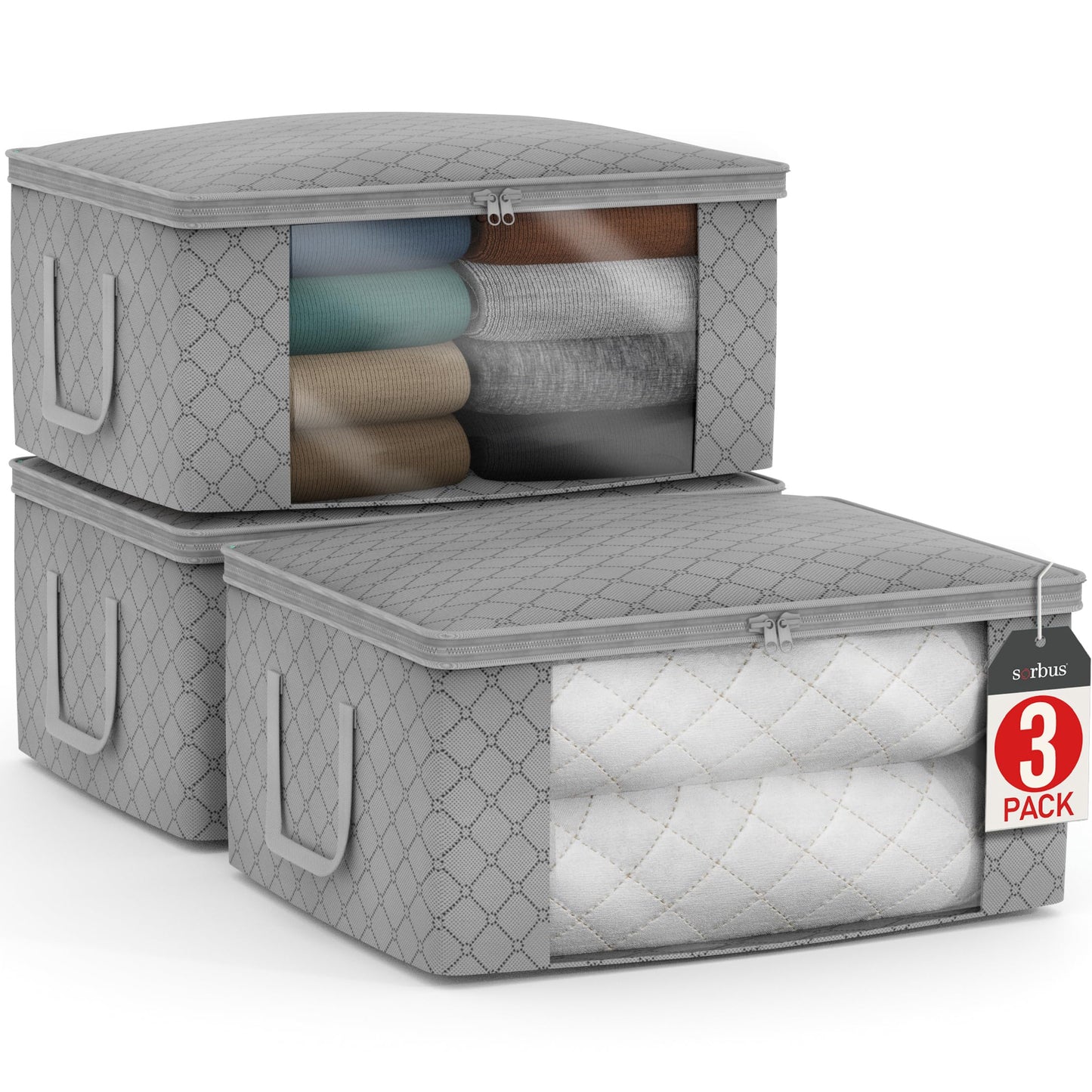 Sorbus Foldable Storage Bag Organizers, Large Clear Window & Carry Handles, Great for Clothes, Blankets, Closets, Bedrooms, and more (3-Pack, Gray)