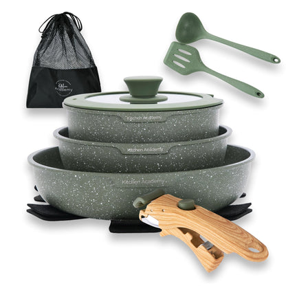 Kitchen Academy Non Stick Cookware Set, 10 Piece Granite-Coated Induction Pots and Pans Set with Detachable Handle, Stackable RV Cooking Set for