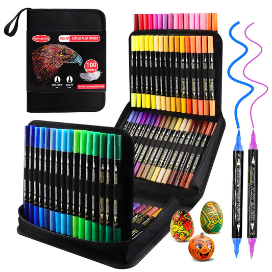 Funnasting Acrylic Paint Pens, 100 Colors Dual Tip Acrylic Markers, Glass Paint Pens Contain 12 Metallic Color for Rock Painting, Wood, Canvas, Stone,