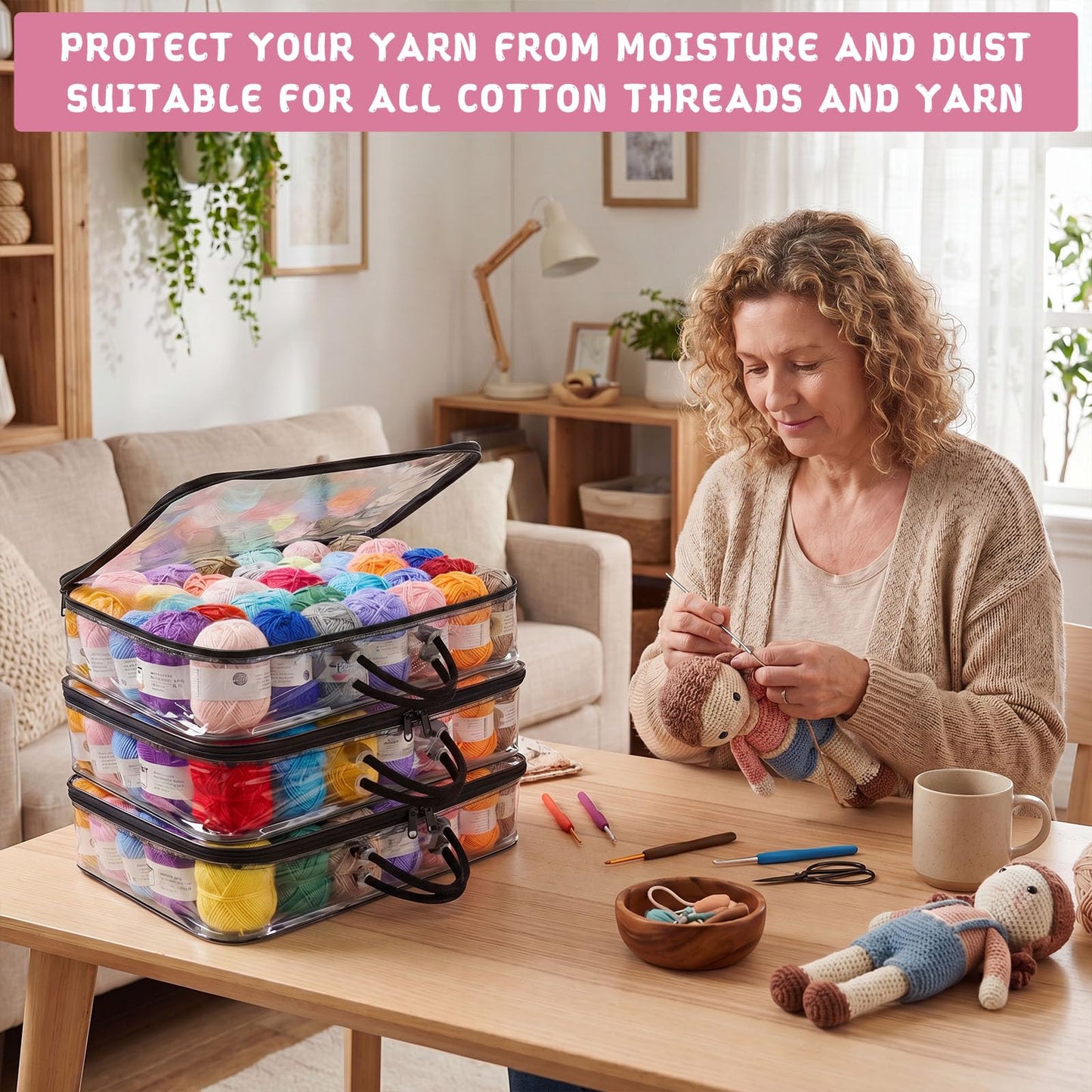 Dexpally 3pcs Yarn Storage Clear Dust-Proof Wool Storage Organiser 40 x 30 x 10cm with Zippers & Handle for Knitting Needles Crochet Hooks Yarn Balls