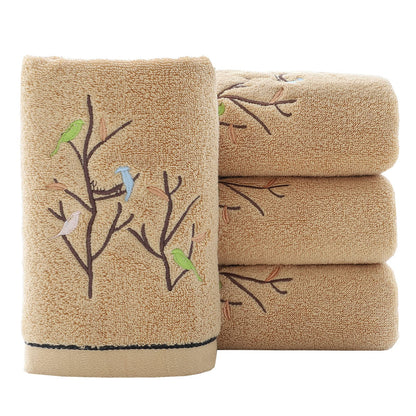 Pidada Hand Towels Set of 4 Embroidered Bird Tree Pattern 100% Cotton Absorbent Soft Decorative Towel for Bathroom 35 x 75 cm Brown