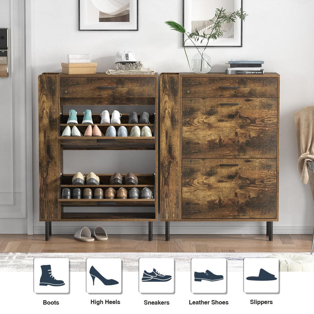 Yvsevnr Wooden Shoe Cupboard with 2 Flip Drawers and 3 Open Shelf Freestanding Entryway Storage Unit with Adjustable Shelves Shoe Storage Cabinet for