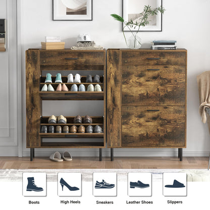 Yvsevnr Wooden Shoe Cupboard with 2 Flip Drawers and 3 Open Shelf Freestanding Entryway Storage Unit with Adjustable Shelves Shoe Storage Cabinet for