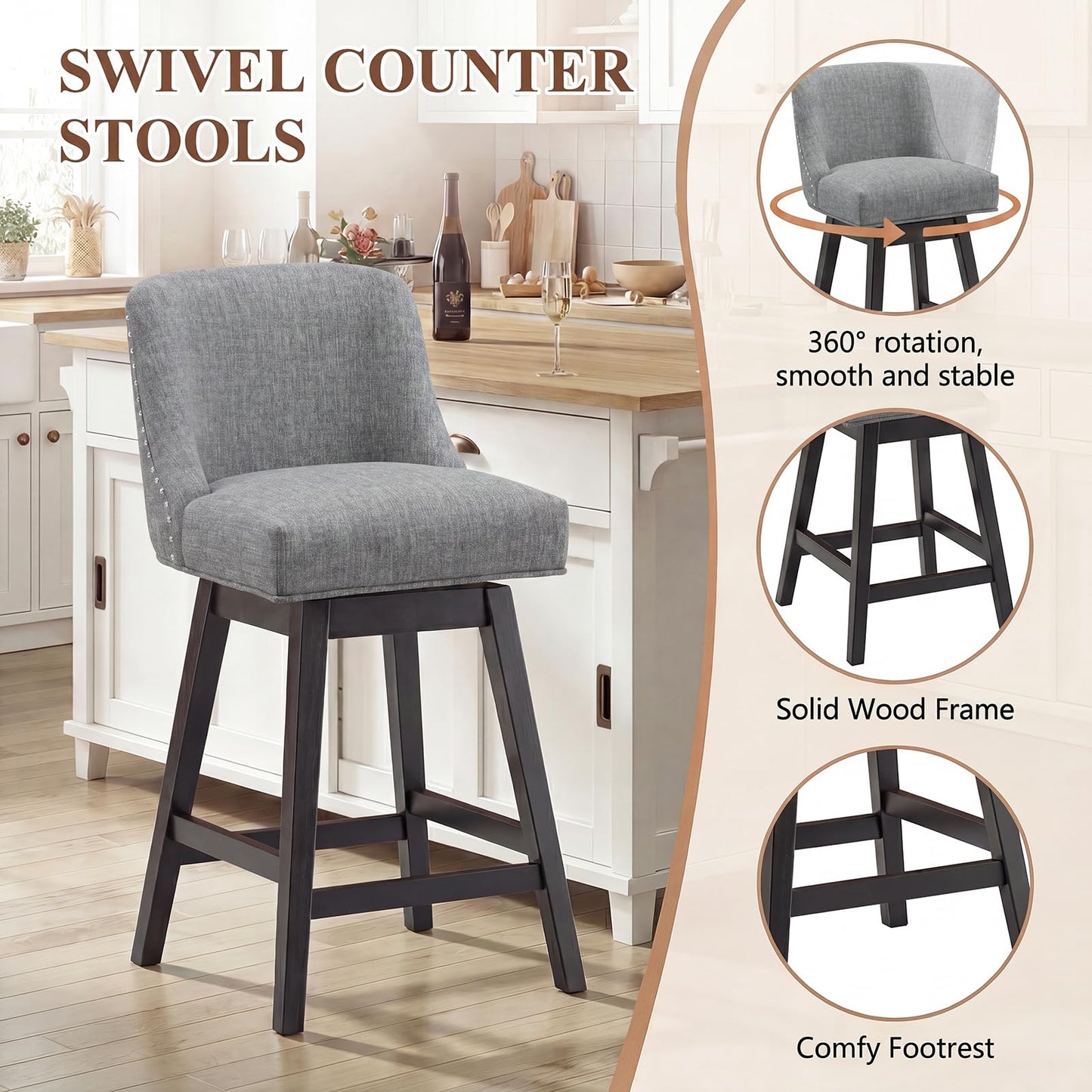 Bar Stools Set of 6, 360° Swivel Upholstered Counter Stools with Back, Wooden Frame Kitchen Bar Chairs with Nailhead Trim