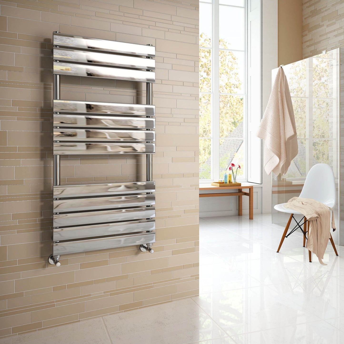 iBathUK Zerith Wall Mounted Flat Panel Heated Towel Rail, 12 Column Slim Flat Steel Hydronic Central Heating High Thermal Output Designer Bathroom