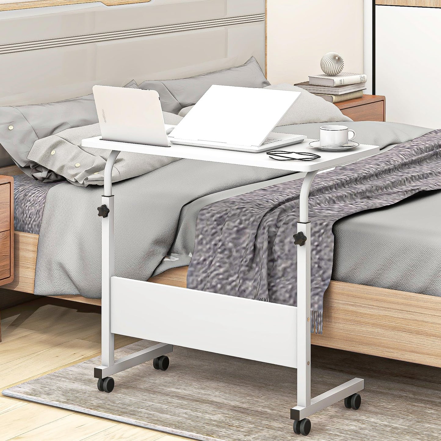 sogesfurniture Height-adjustable laptop table, computer desk with tablet slot, 80 x 40 cm, PC table, sofa table, care table, side table with wheels