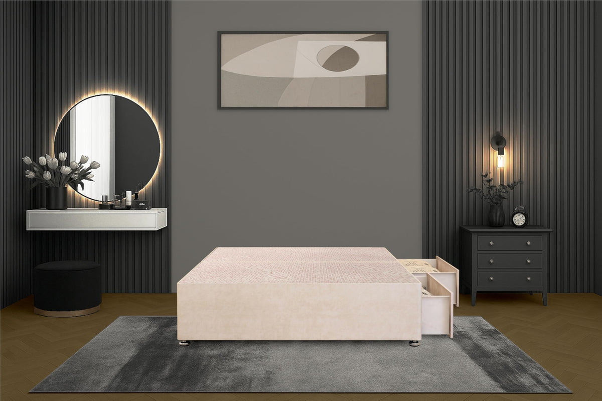 Bed Centre Flexby Divan Bed Base Only with 2 Drawers Same Side, No Headboard - Available in 3FT, 4FT, 5FT & 6FT 3FT Single, Plush Ivory Fabric