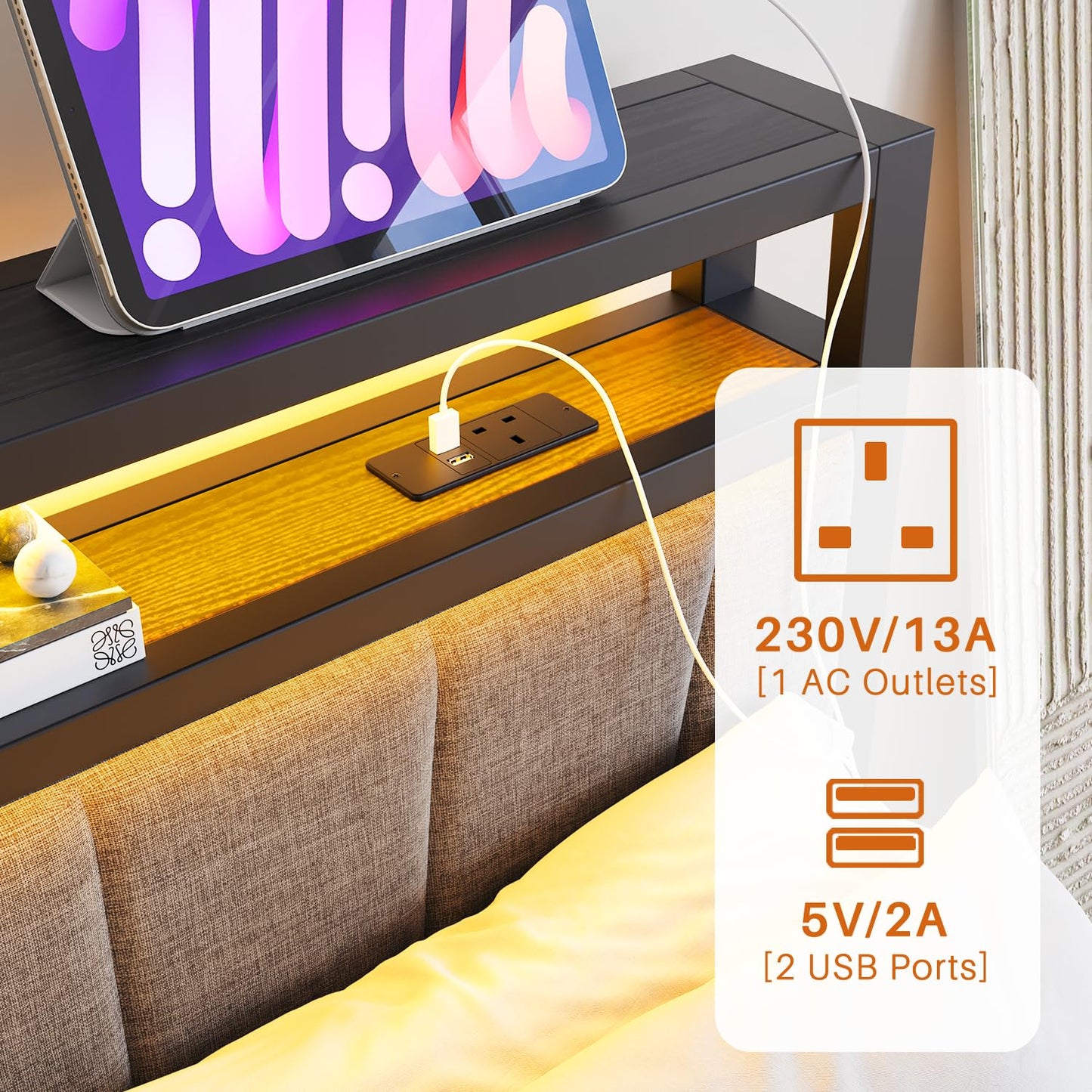BORPHOM King Size Bed Frame with Storage and LED Lights,5ft Metal Platform Bed Frame King Size Bed Base with Charging Station,Mattress Base,Strong