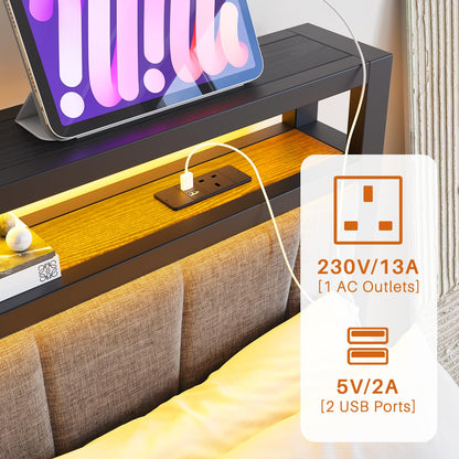 BORPHOM King Size Bed Frame with Storage and LED Lights,5ft Metal Platform Bed Frame King Size Bed Base with Charging Station,Mattress Base,Strong