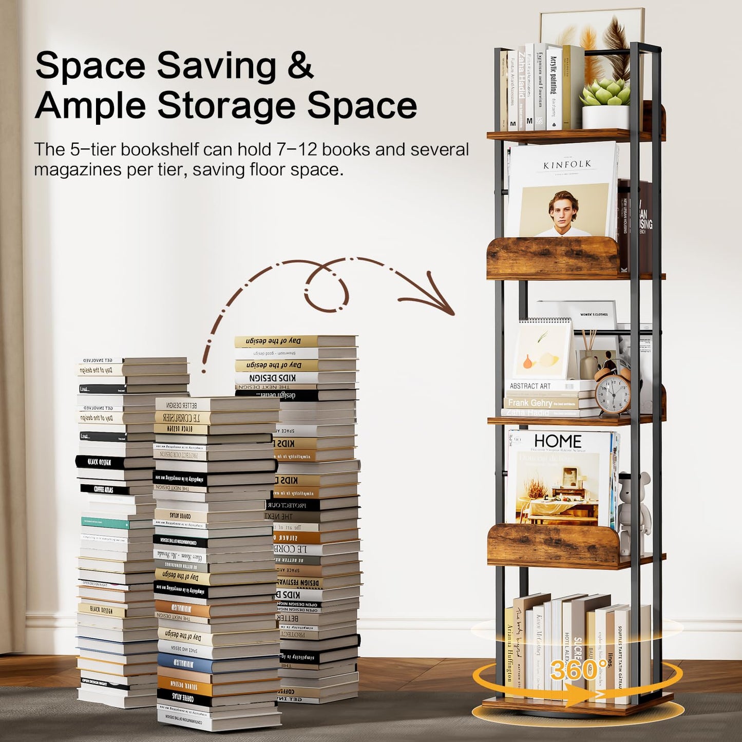 Bikoney 5-Tier Rotating Bookshelf, Tall Industrial Corner Book Tower