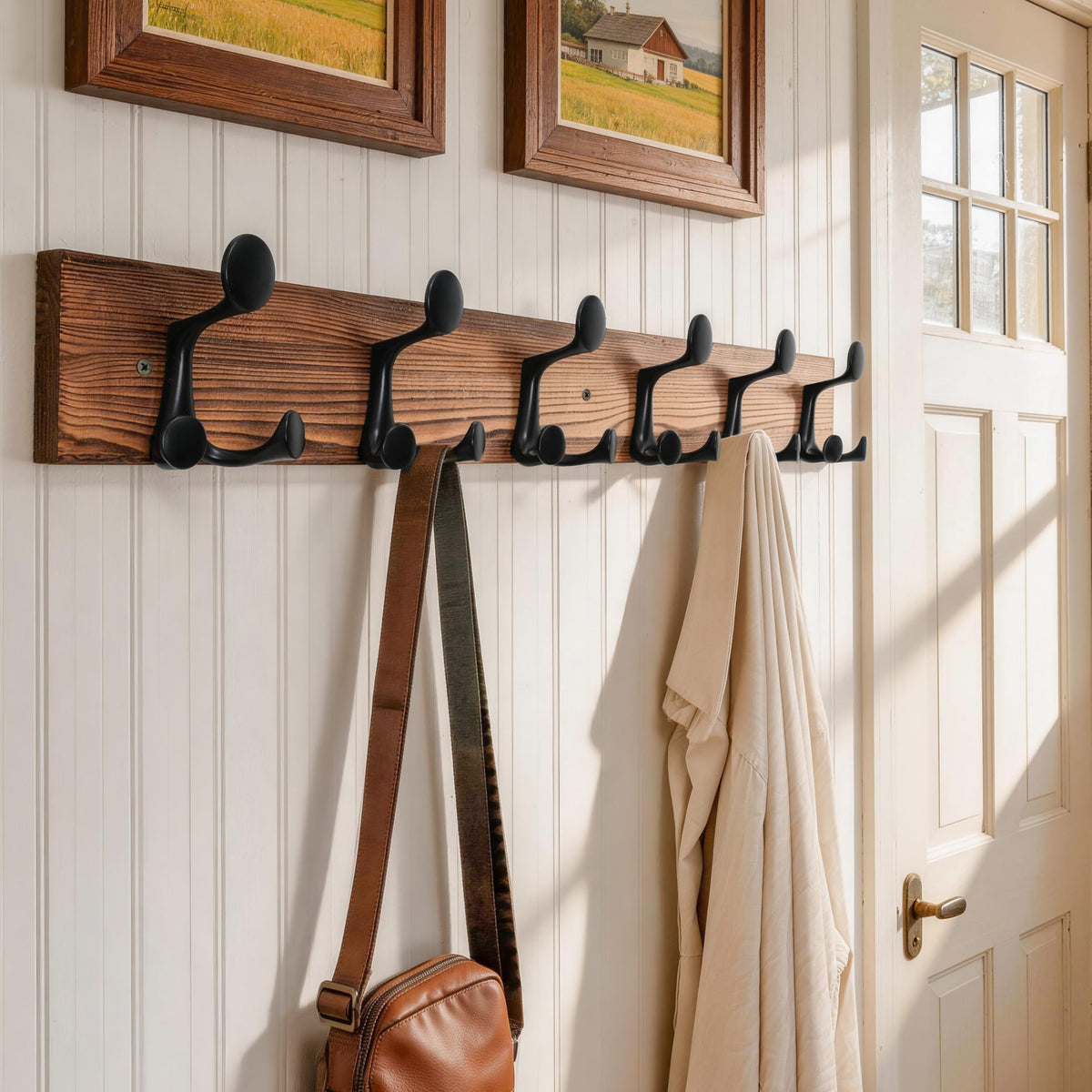 HONSKY Wall Mounted Coat Rack, 91cm BrownPine Wood Base, 6 Black Sturdy Aluminium Alloy Triple Hooks18 Hanging Points