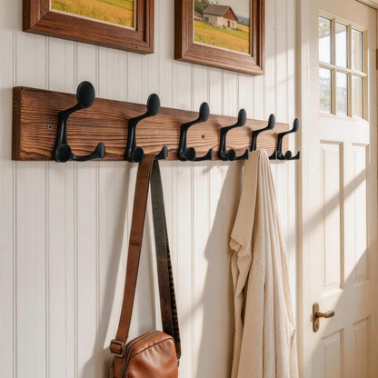 HONSKY Wall Mounted Coat Rack, 91cm BrownPine Wood Base, 6 Black Sturdy Aluminium Alloy Triple Hooks18 Hanging Points