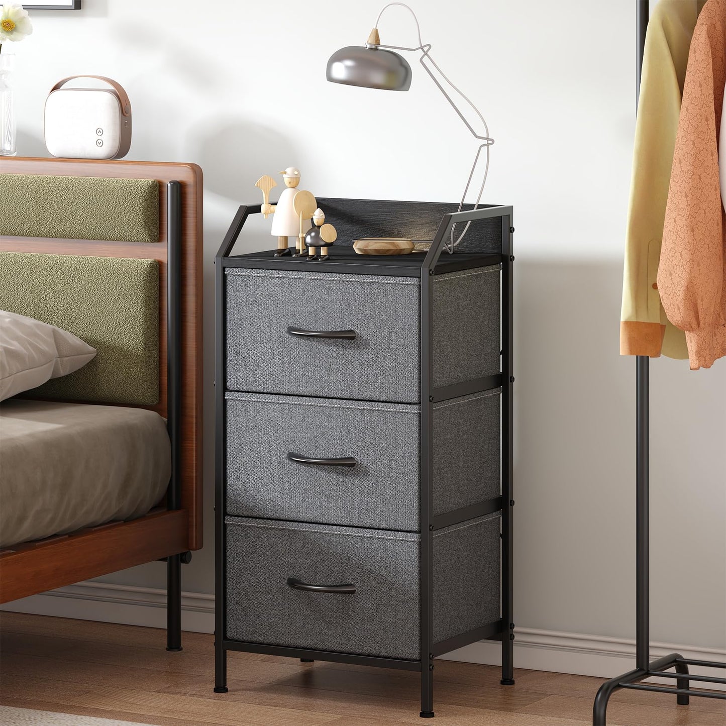 Feonase 3-Drawer Chest of Drawers with Metal Frame & Top Back Shelf – Modern Fabric Storage Cabinet for Bedroom, Living Room, Small Spaces