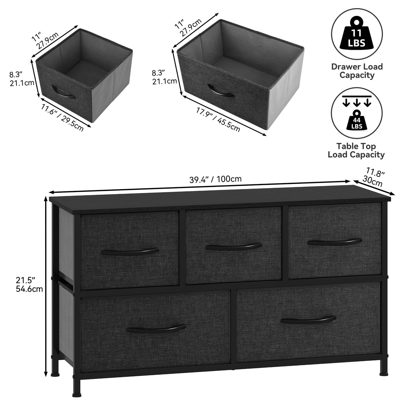 DWVO Chest of Drawers, 5 Fabric Drawers Bedroom Cabinet,Dresser for Bedroom,Living Room With Handles,Wood Top and Sturdy Steel Frame, Black Grey